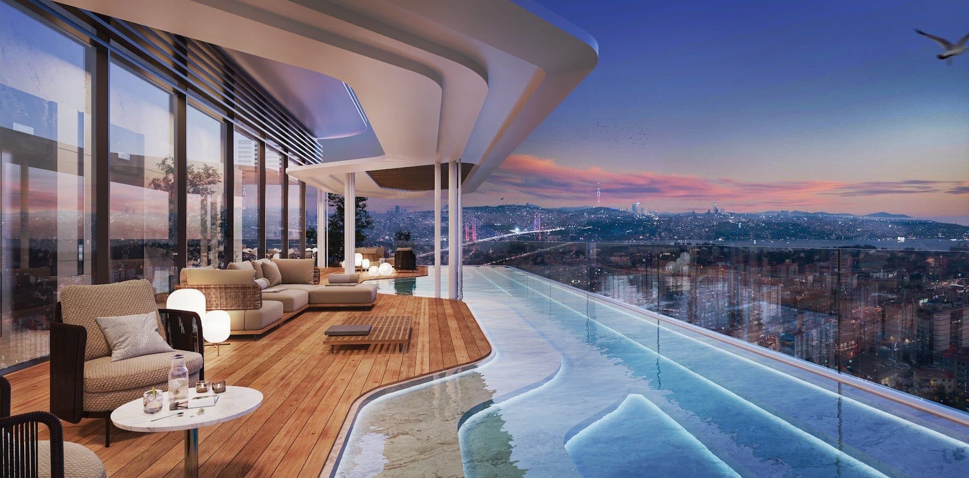 Rendering of the rooftop infinity pool and lounge deck at dusk, with the Bosphorus Bridge lit in the distance