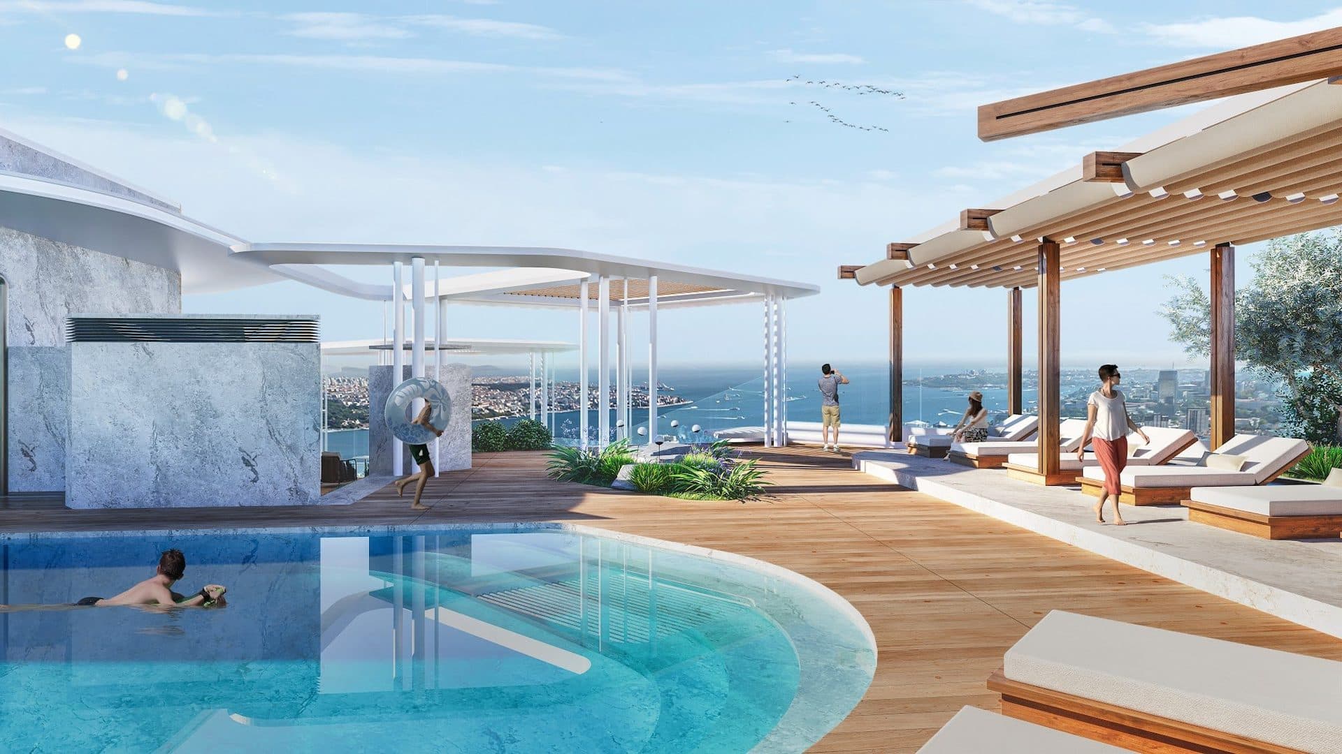 Rendering of the rooftop pool with sun loungers and white pergolas, with the Bosphorus in the distance
