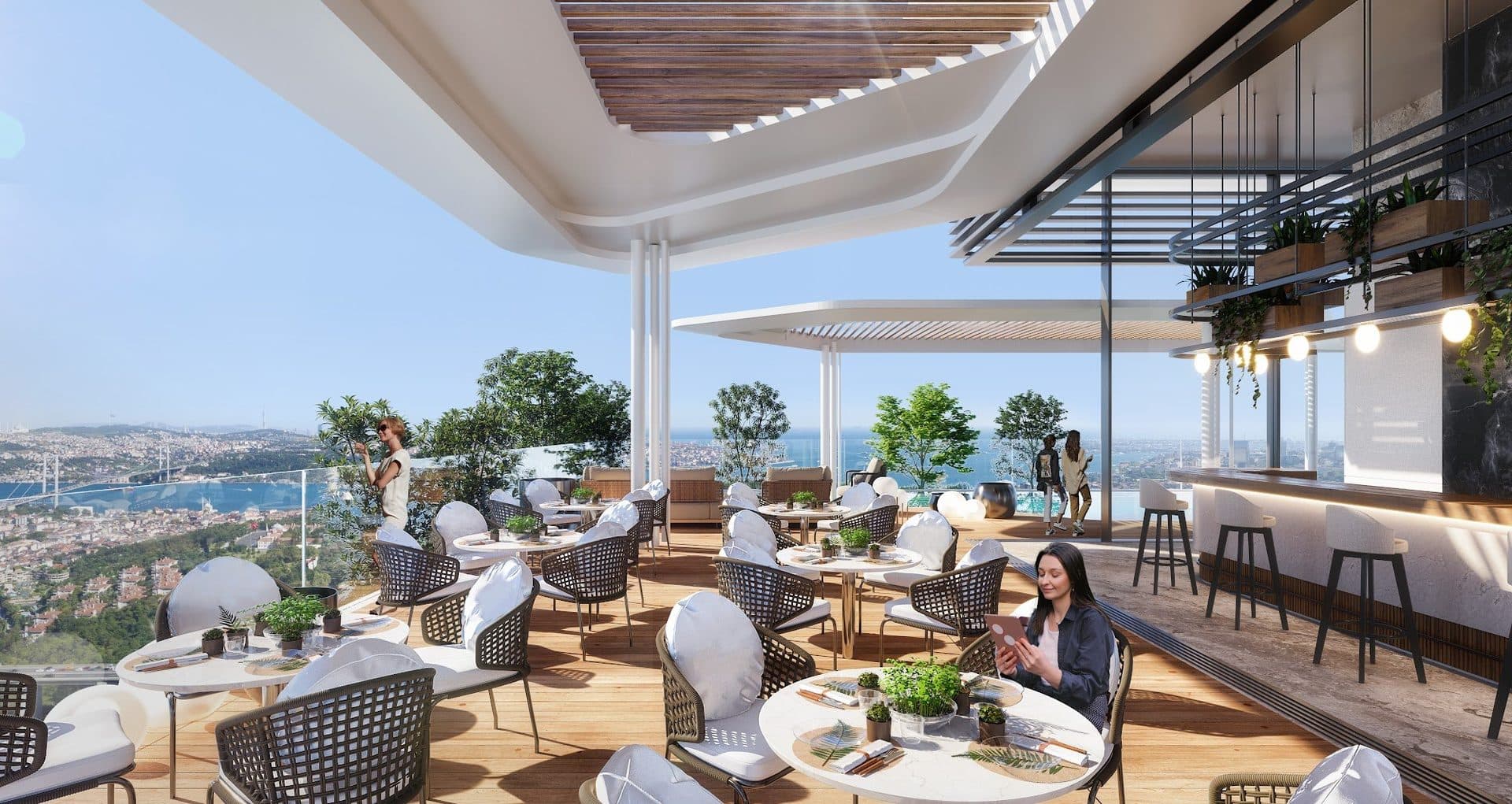 Rendering of the roof-terrace cafe with a bar counter and tables under a pergola, overlooking the city and the Bosphorus
