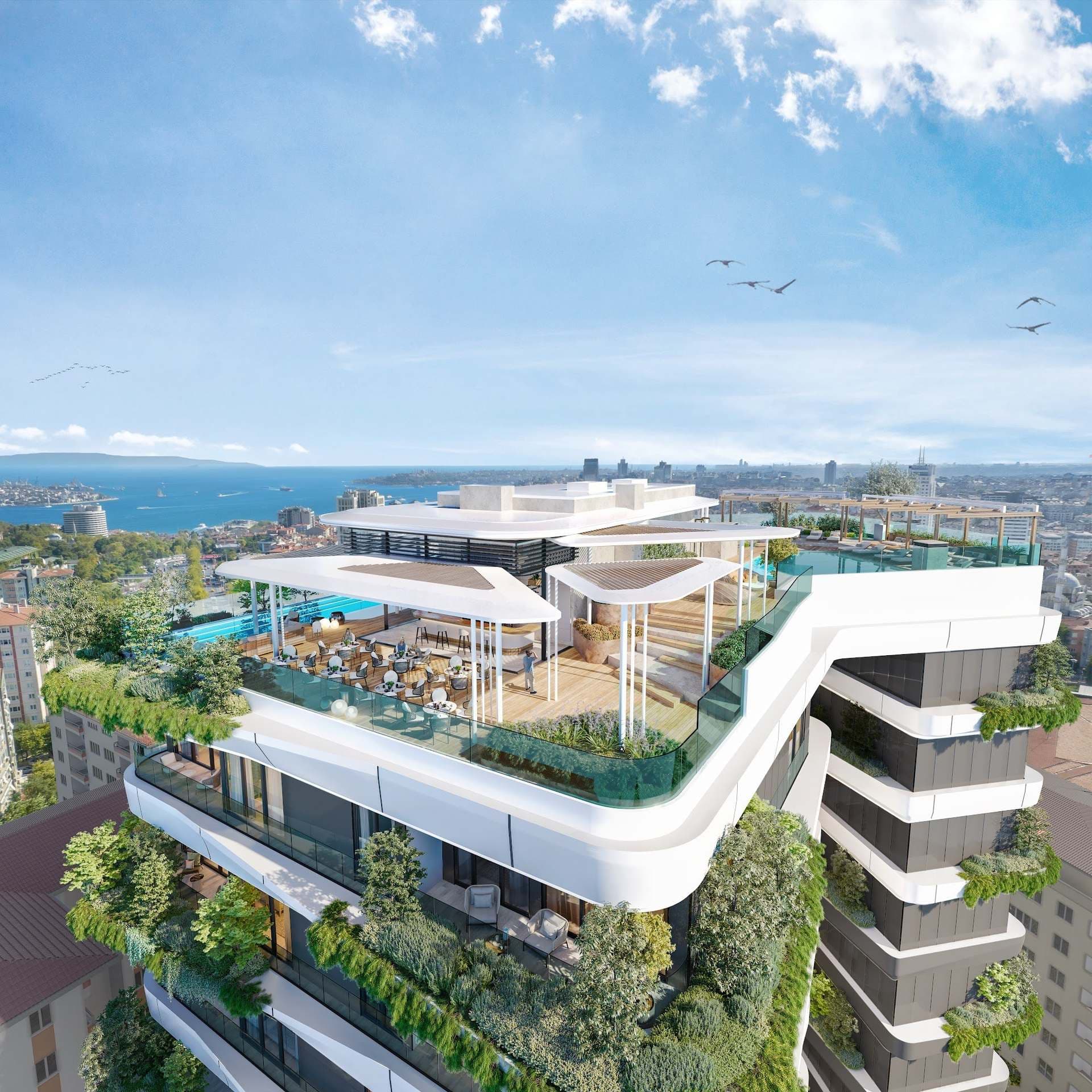 Aerial rendering of the roof terrace with its pool, cafe pergolas and planted edges, with the Bosphorus and the Asian shore behind
