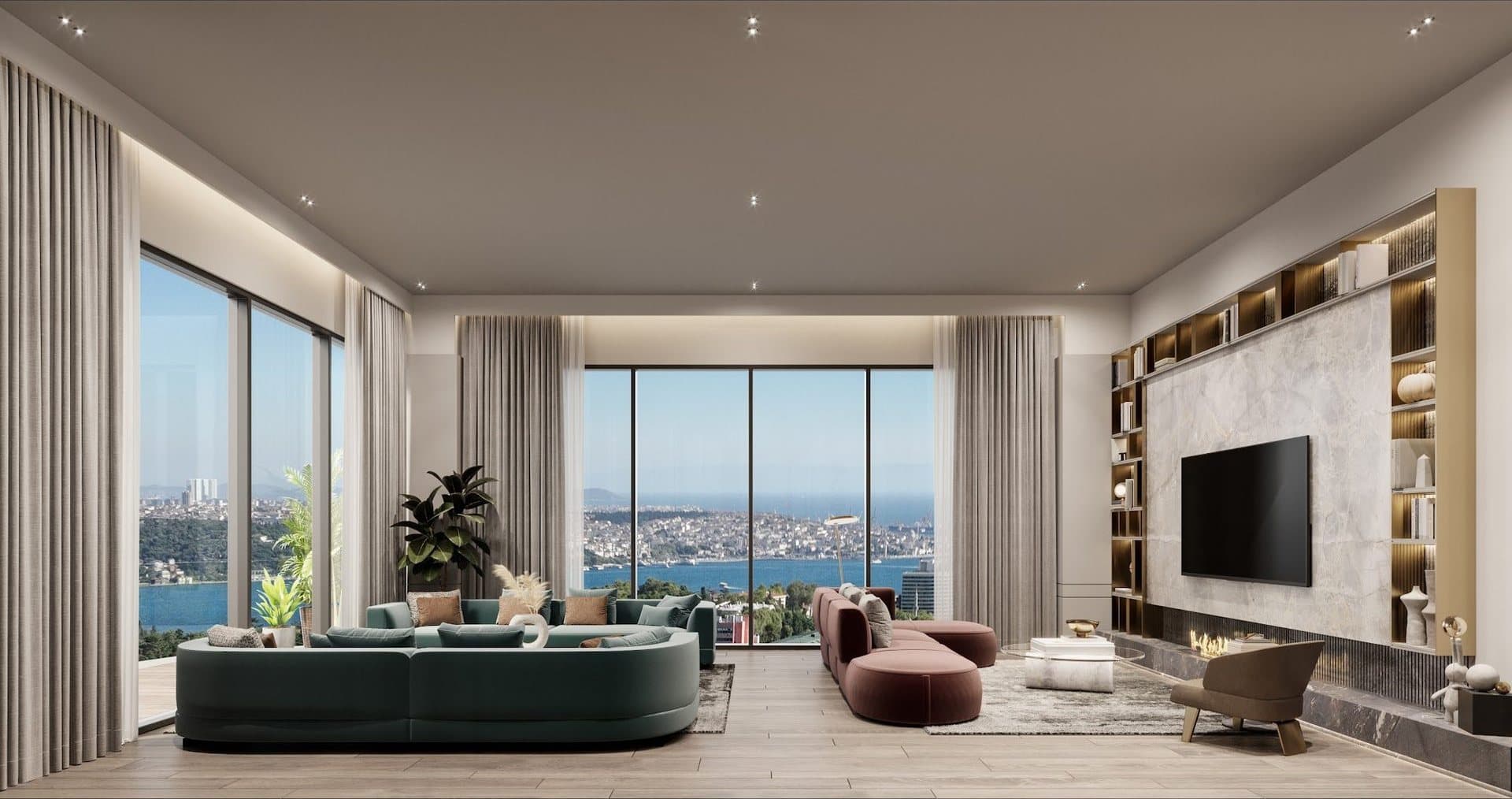 Rendering of a large living room with green and plum sofas, a stone TV wall and floor-to-ceiling windows facing the Bosphorus