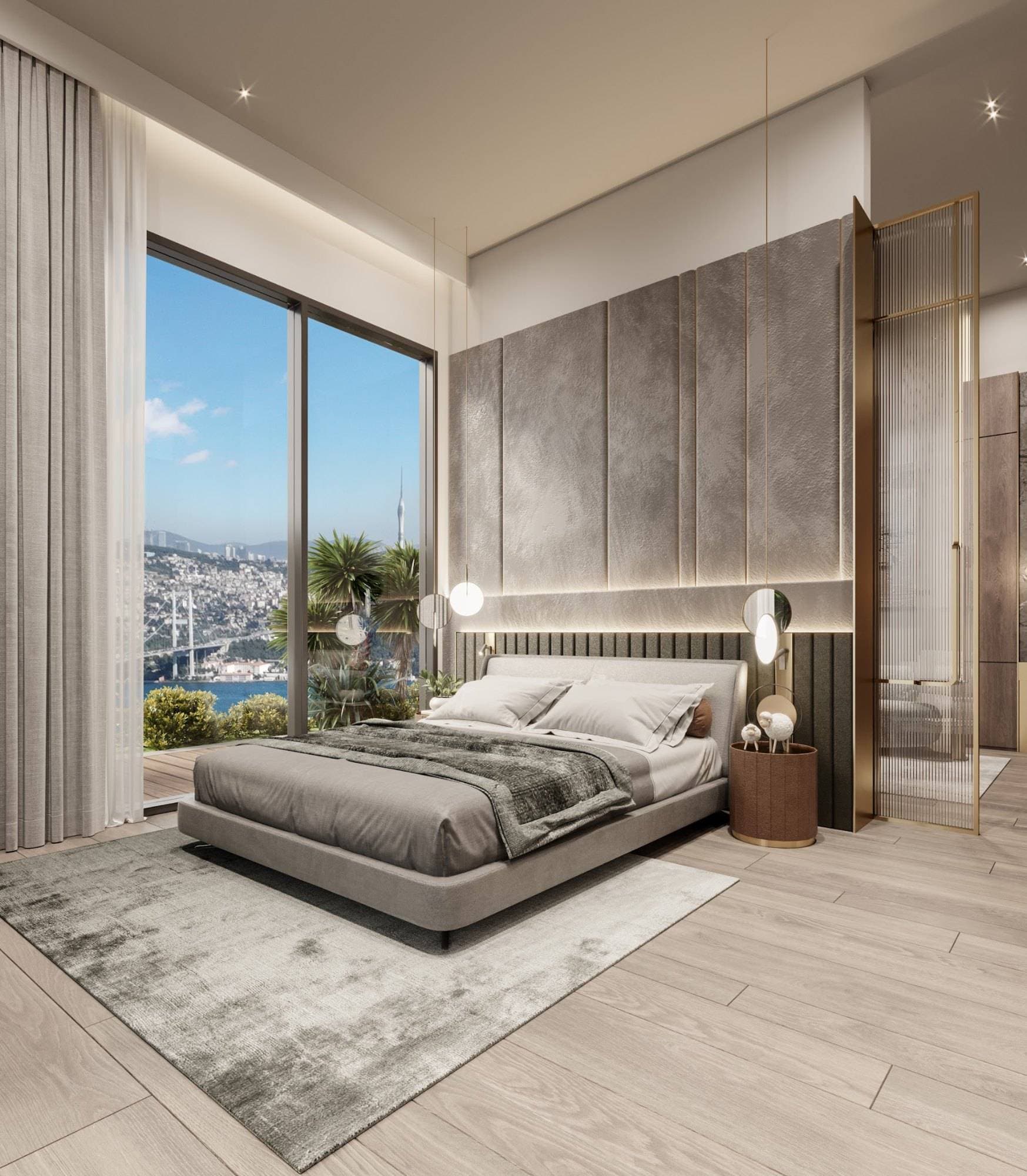 Rendering of a bedroom with a paneled headboard wall and a floor-to-ceiling window looking out toward the Bosphorus Bridge