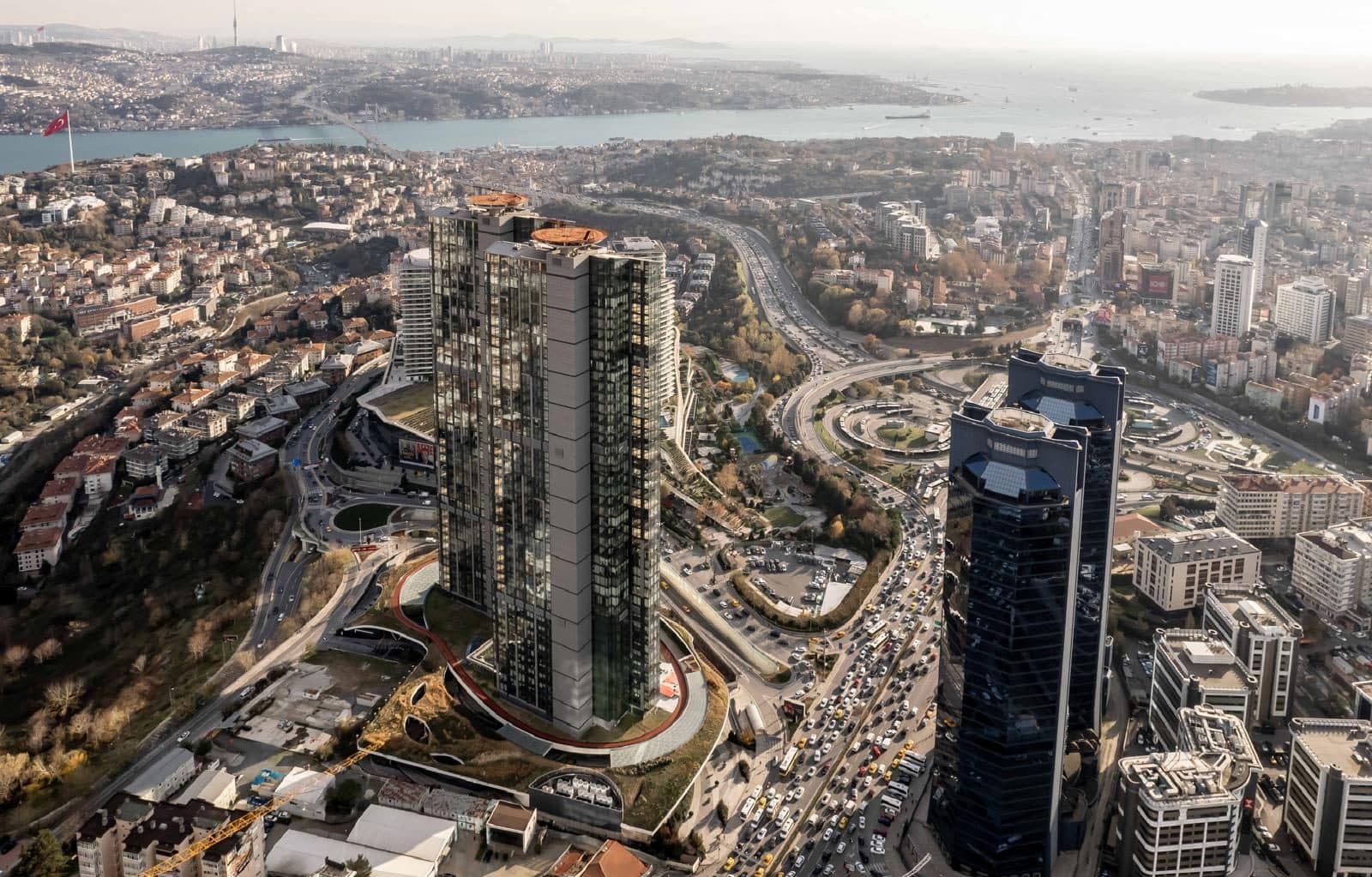 Aerial view of Ciftci Towers with the Bosphorus, a Bosphorus bridge and the Asian shore beyond