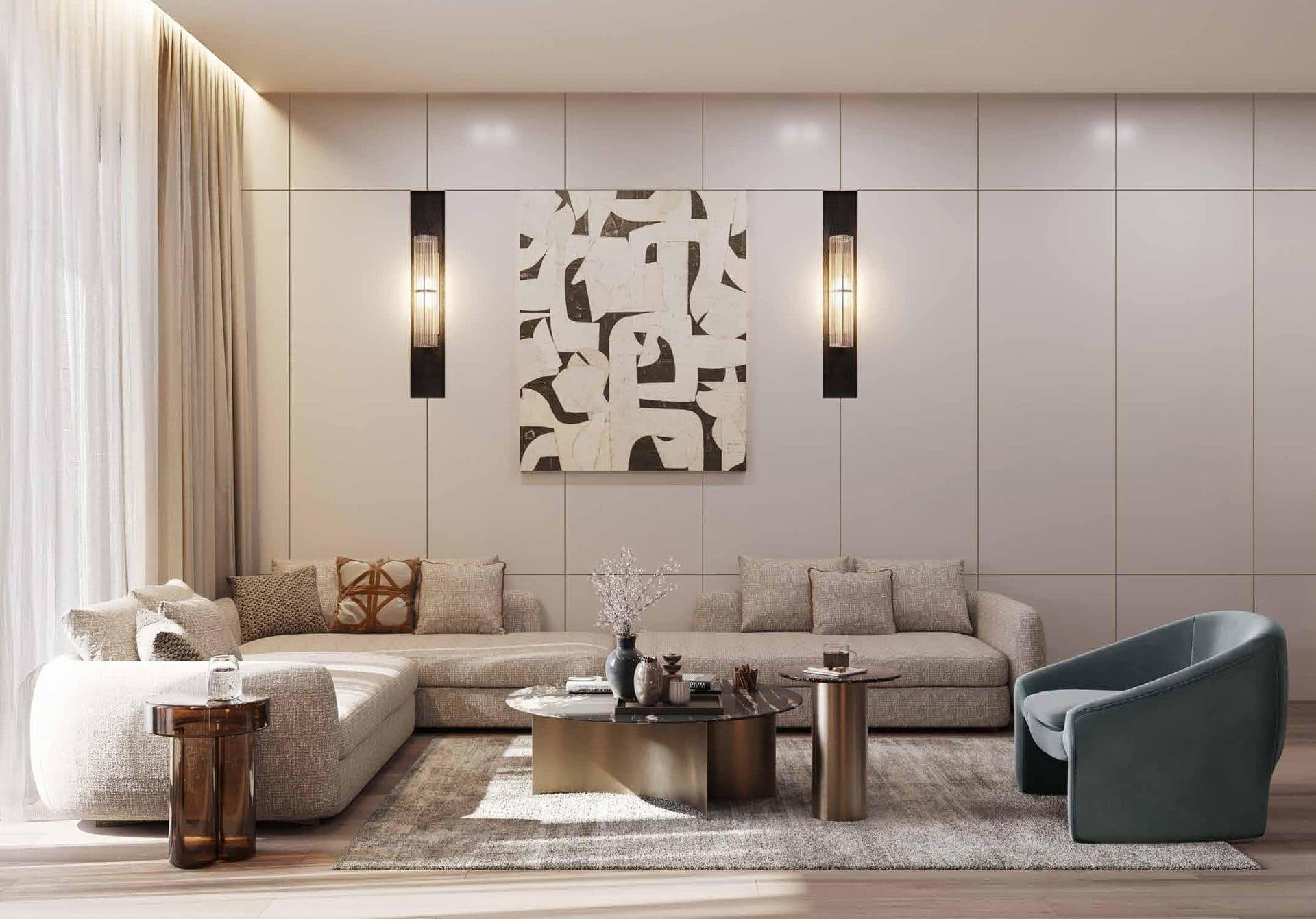 Living room with a corner sofa, a coffee table and an armchair