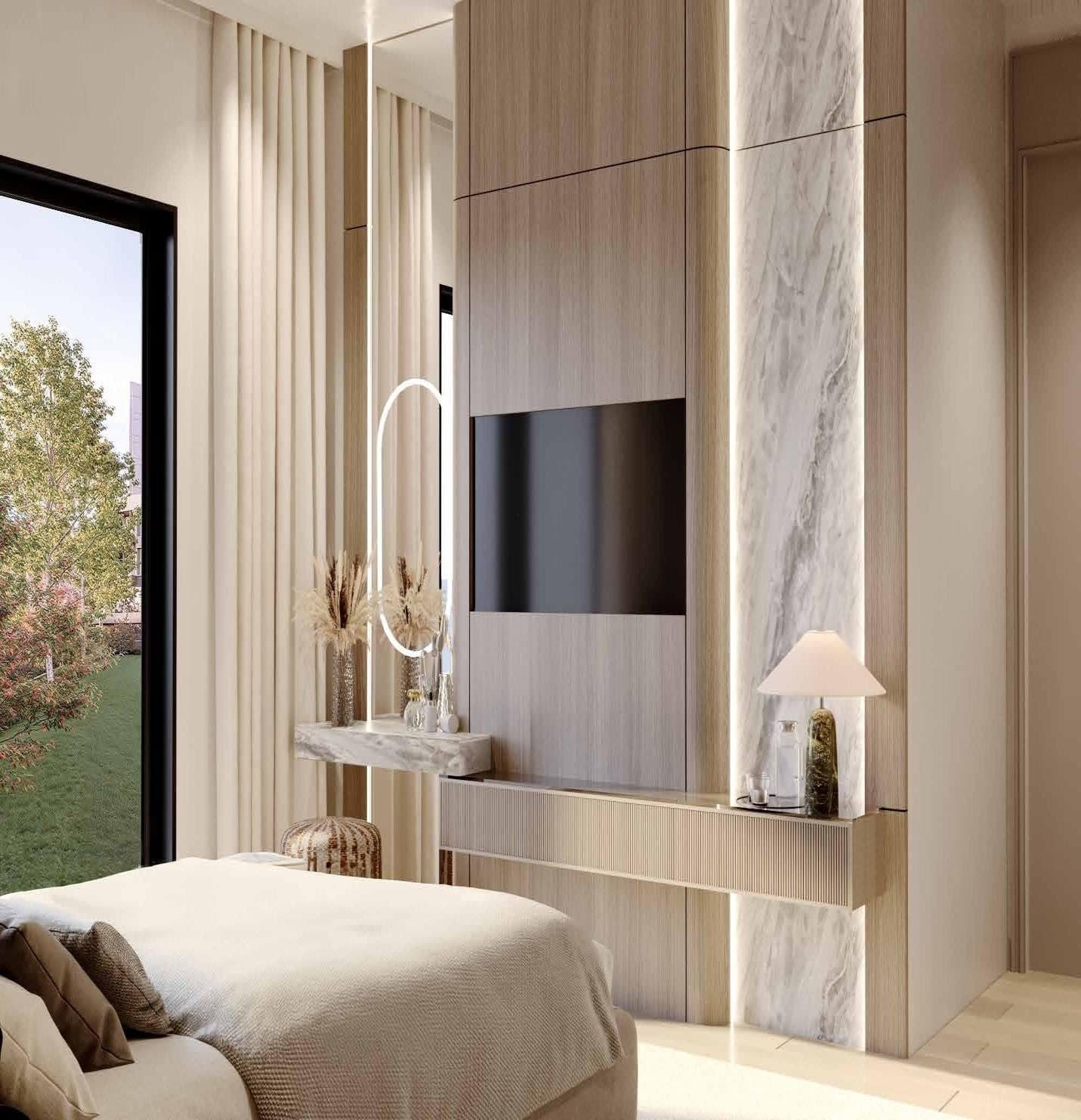 Bedroom with wood paneling, a TV wall and a full-height window