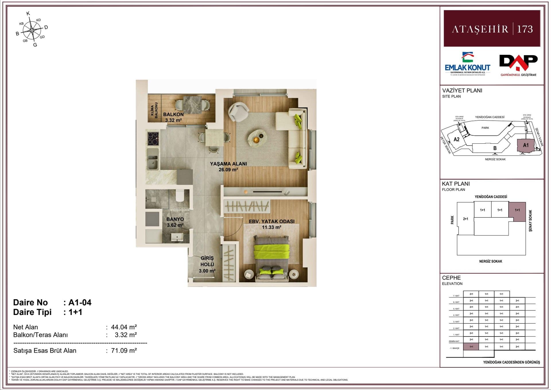 DAP Atasehir 173 Project – 1+1 Type A1-04 floor plan