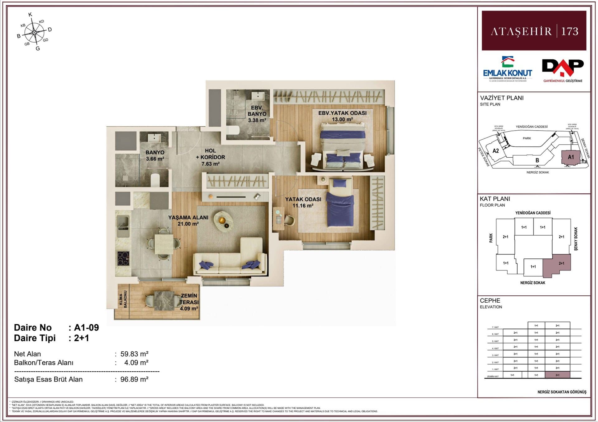DAP Atasehir 173 Project – 2+1 Type A1-09 floor plan