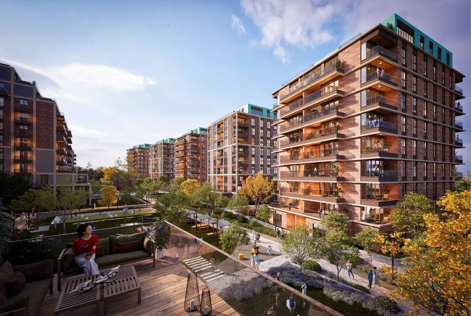 Render of a wood-clad block with deep glass balconies, seen from a terrace above the landscaped central walkway