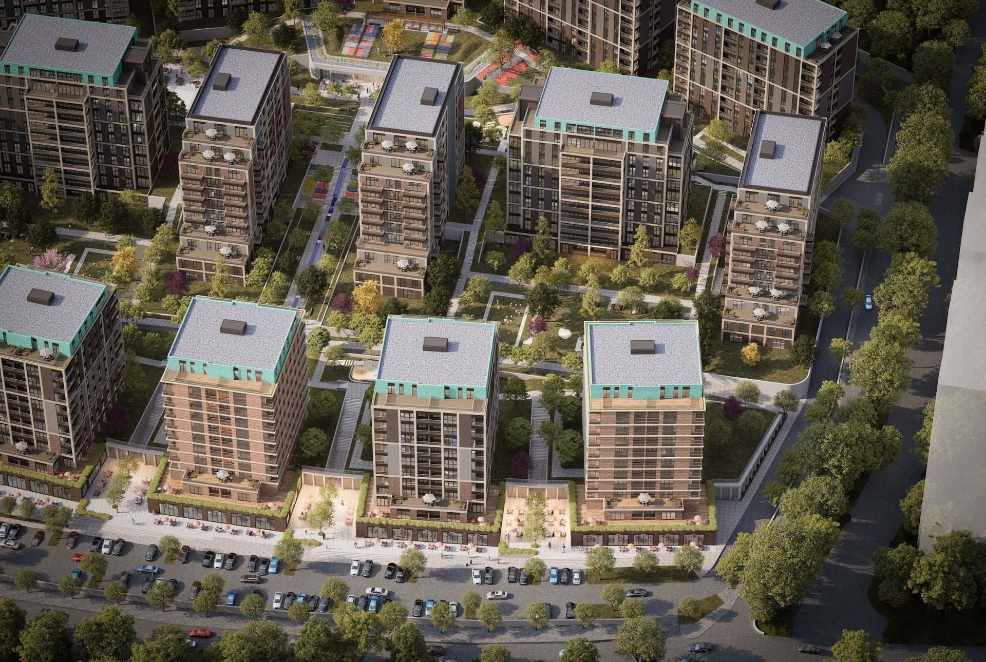 Closer aerial render of the blocks with rooftop terraces and garden courtyards, and shops along the road in front