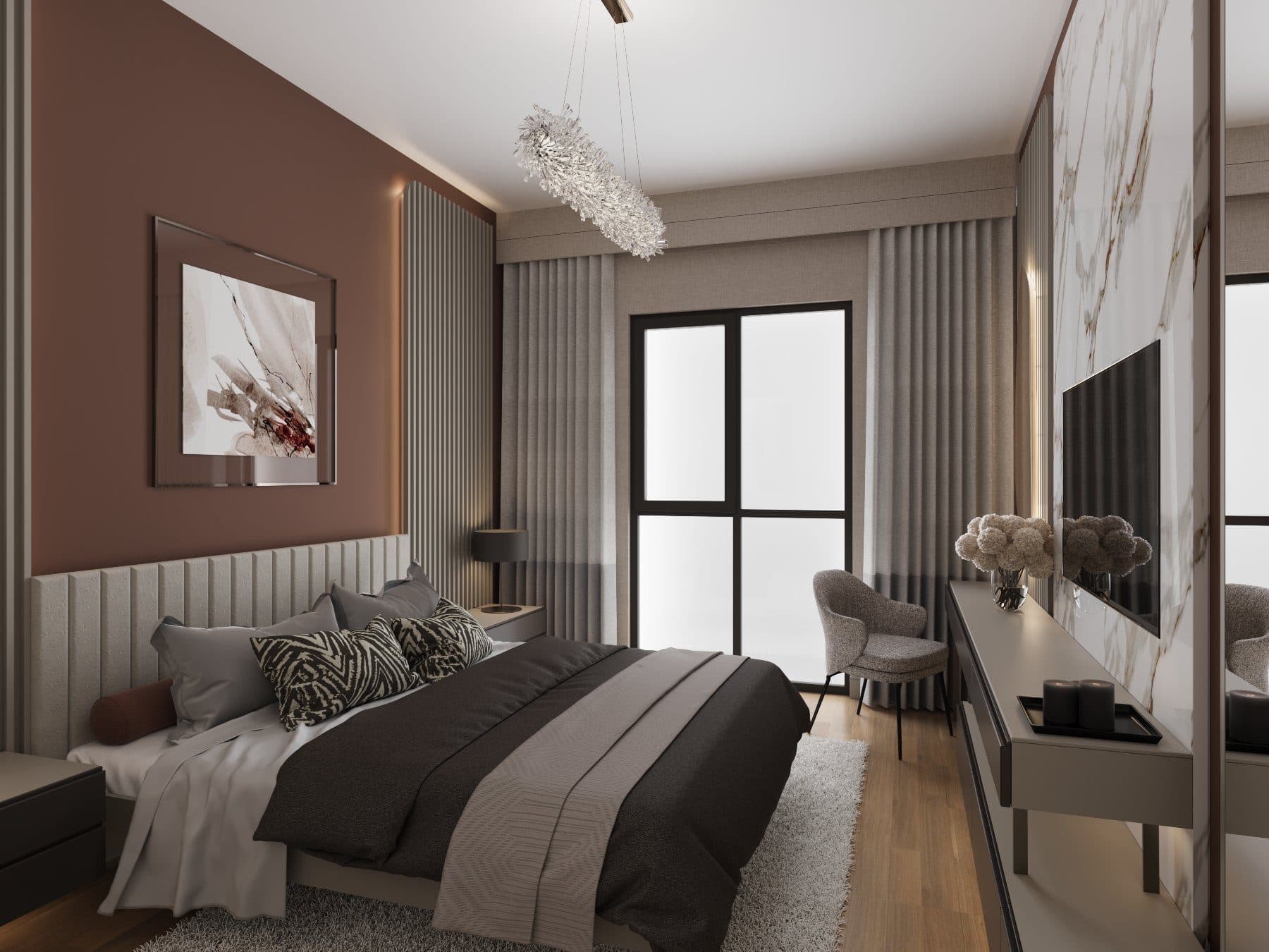 Render of the main bedroom of the 2+1 sample apartment, with an upholstered headboard wall, a dressing table and a wall-mounted TV