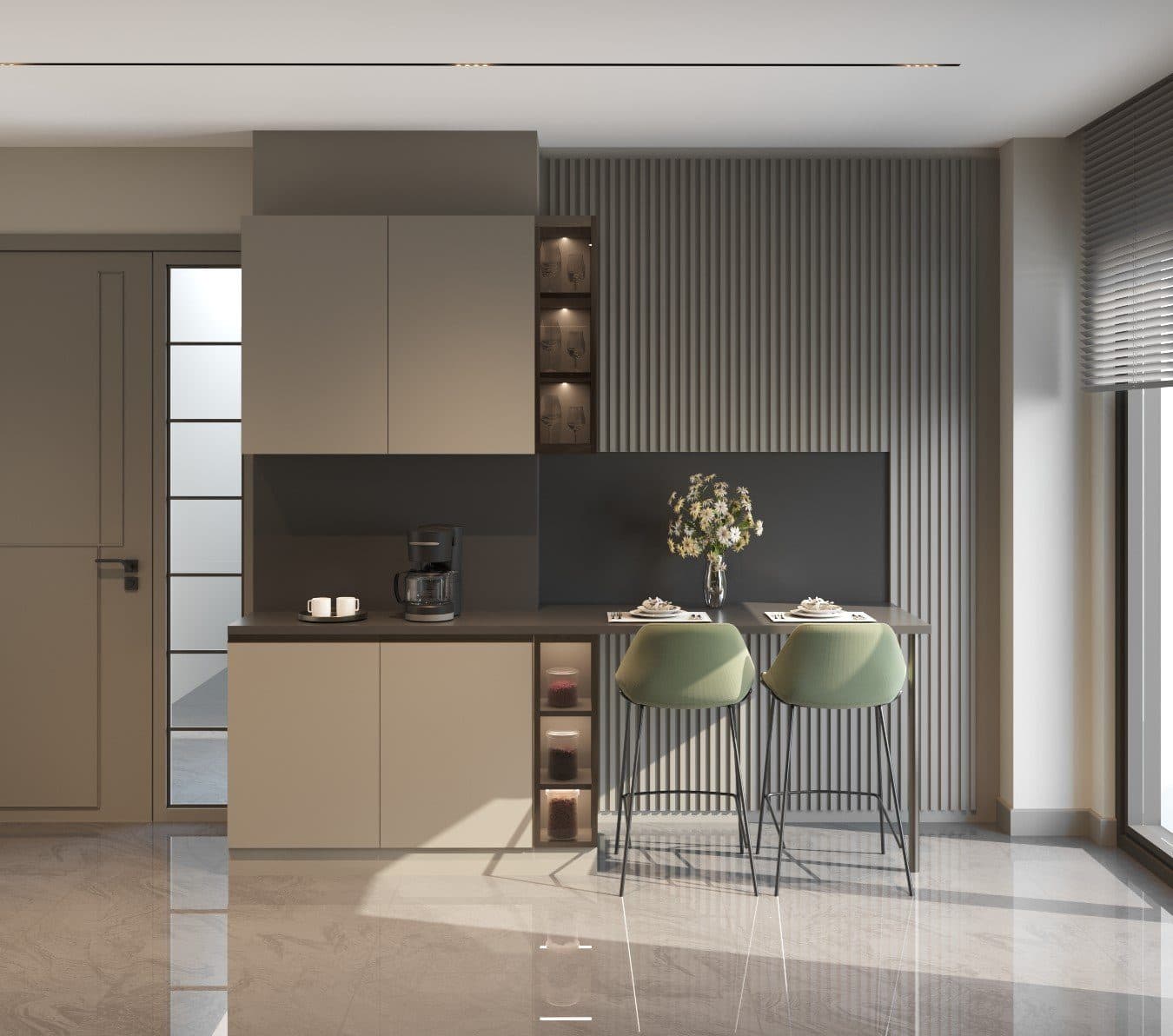 Render of the 2+1 sample apartment kitchen with taupe cabinets, a slatted wall and a breakfast bar with two stools