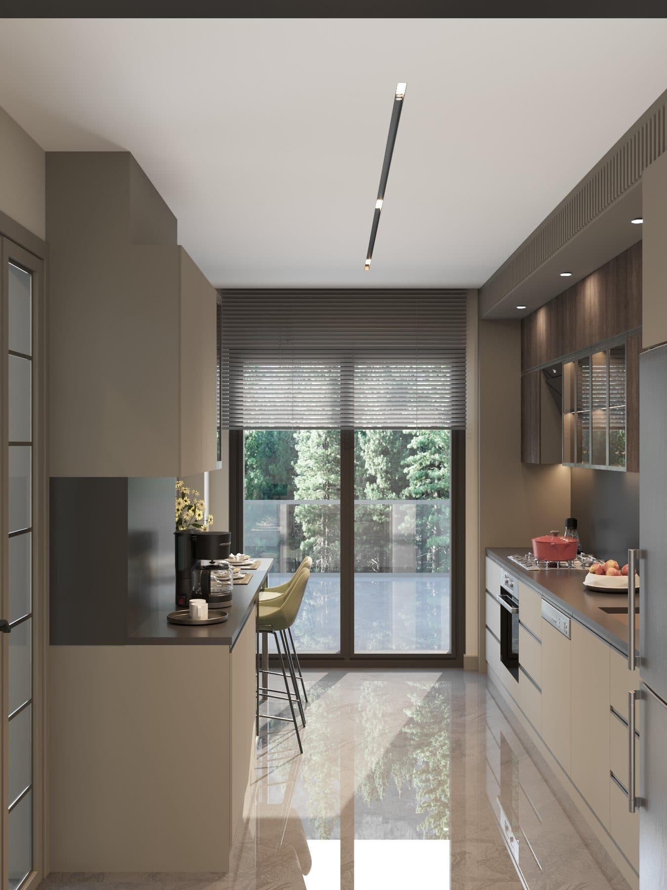 Render of a galley kitchen with built-in oven and hob leading to a glazed balcony door