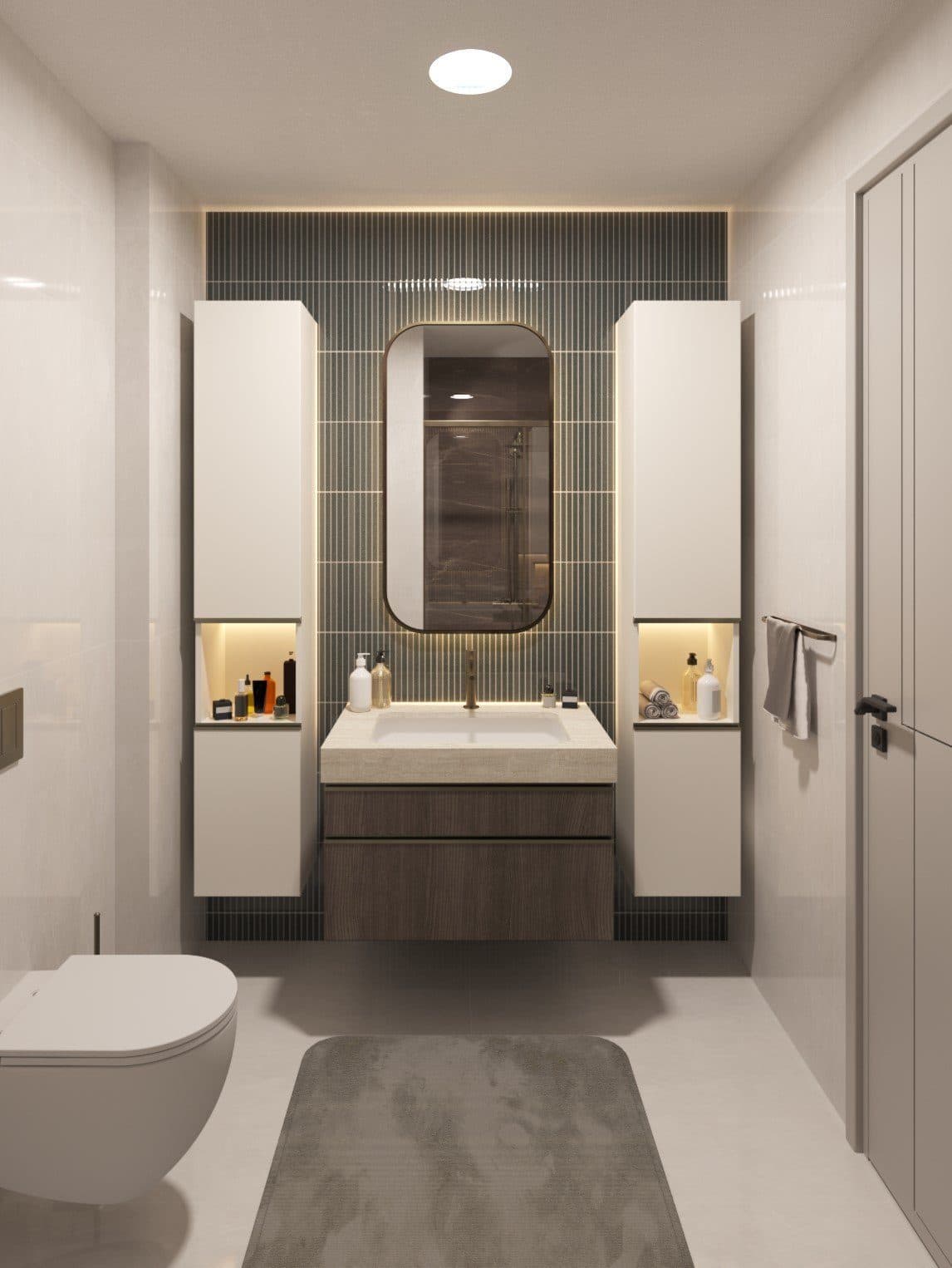 Render of the en-suite bathroom with a wall-hung basin unit between two tall cabinets