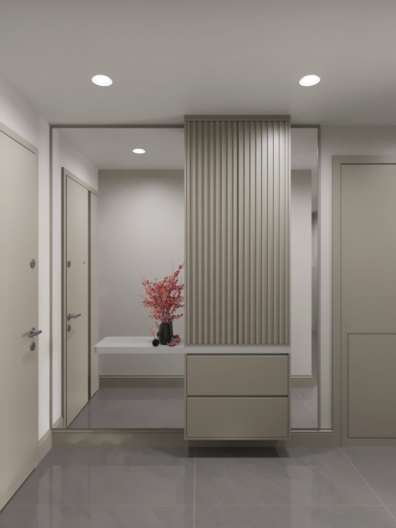 Render of the entrance hall with a slatted wall panel, a console unit and recessed lighting