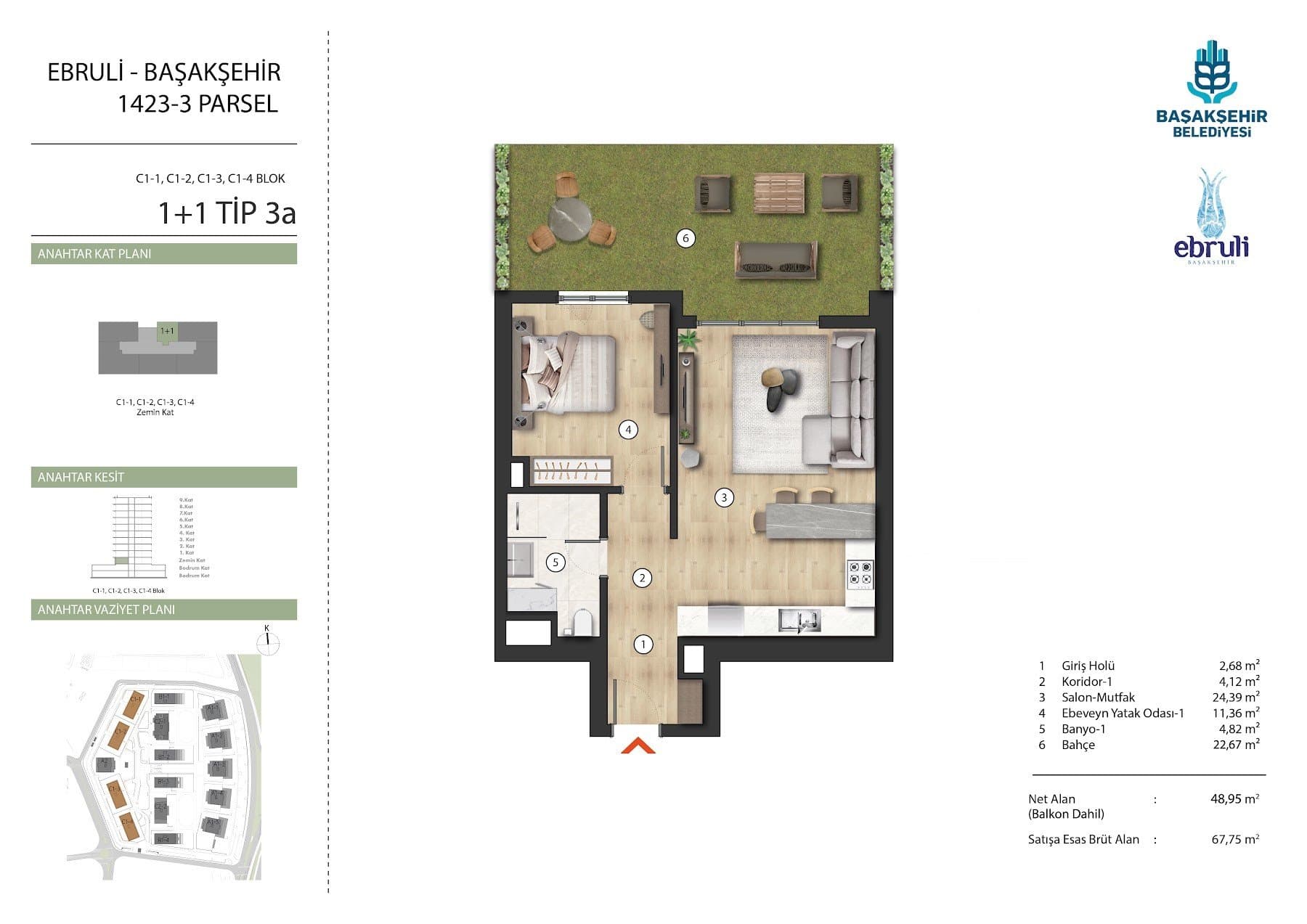Ebruli Basaksehir Project – 1+1 Type 3A (C1 blocks, ground floor with garden) floor plan