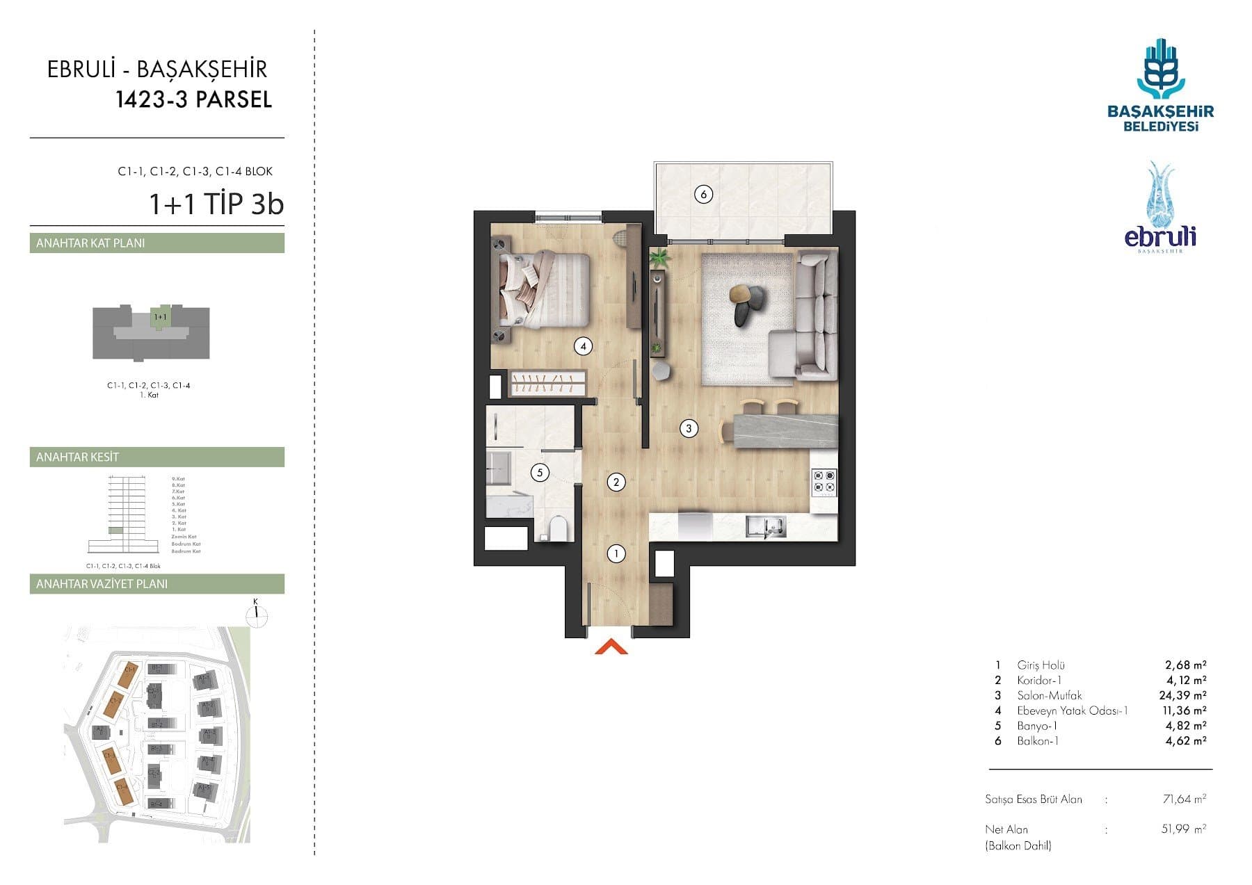 Ebruli Basaksehir Project – 1+1 Type 3B (C1 blocks, upper floors) floor plan