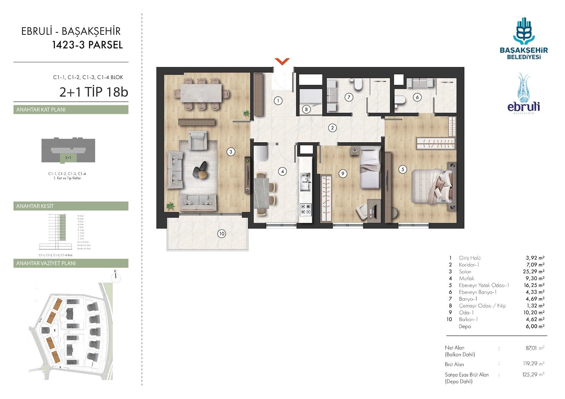 Ebruli Basaksehir Project – 2+1 Type 18B (C1 blocks, upper floors) floor plan