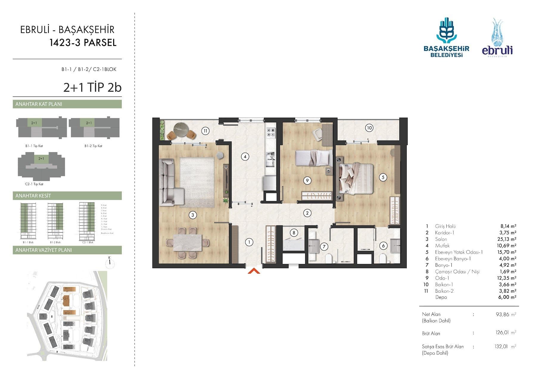 Ebruli Basaksehir Project – 2+1 Type 2B (B1-1, B1-2 and C2-1 blocks) floor plan