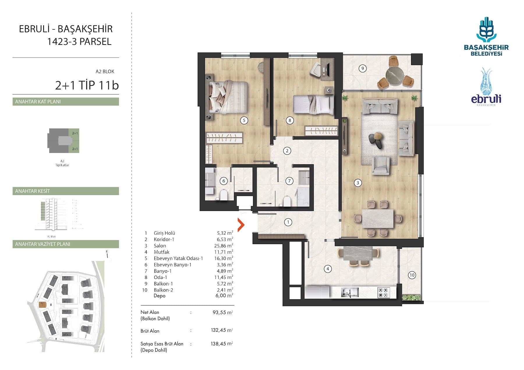 Ebruli Basaksehir Project – 2+1 Type 11B (A2 block) floor plan