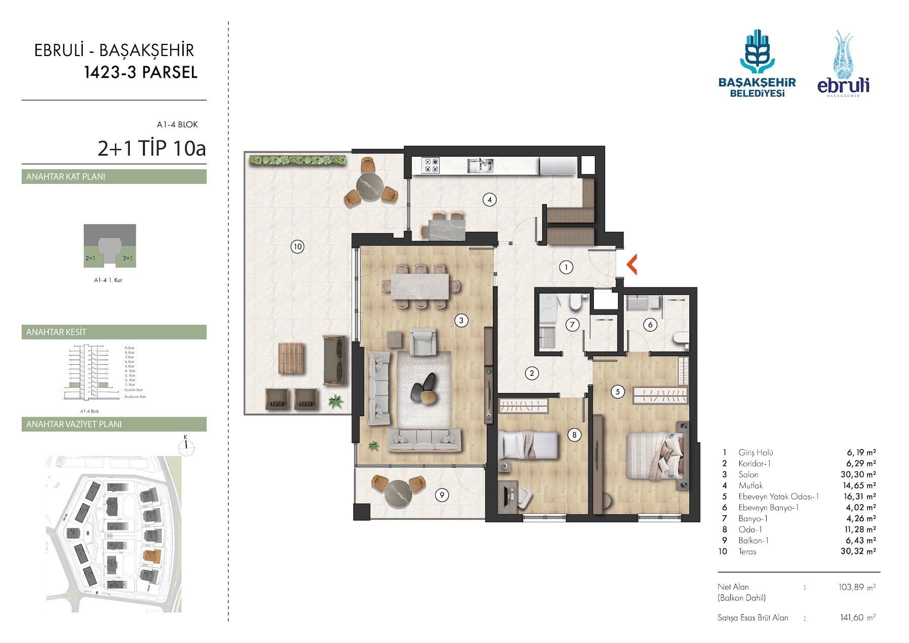 Ebruli Basaksehir Project – 2+1 Type 10A (A1-4 block, with terrace) floor plan