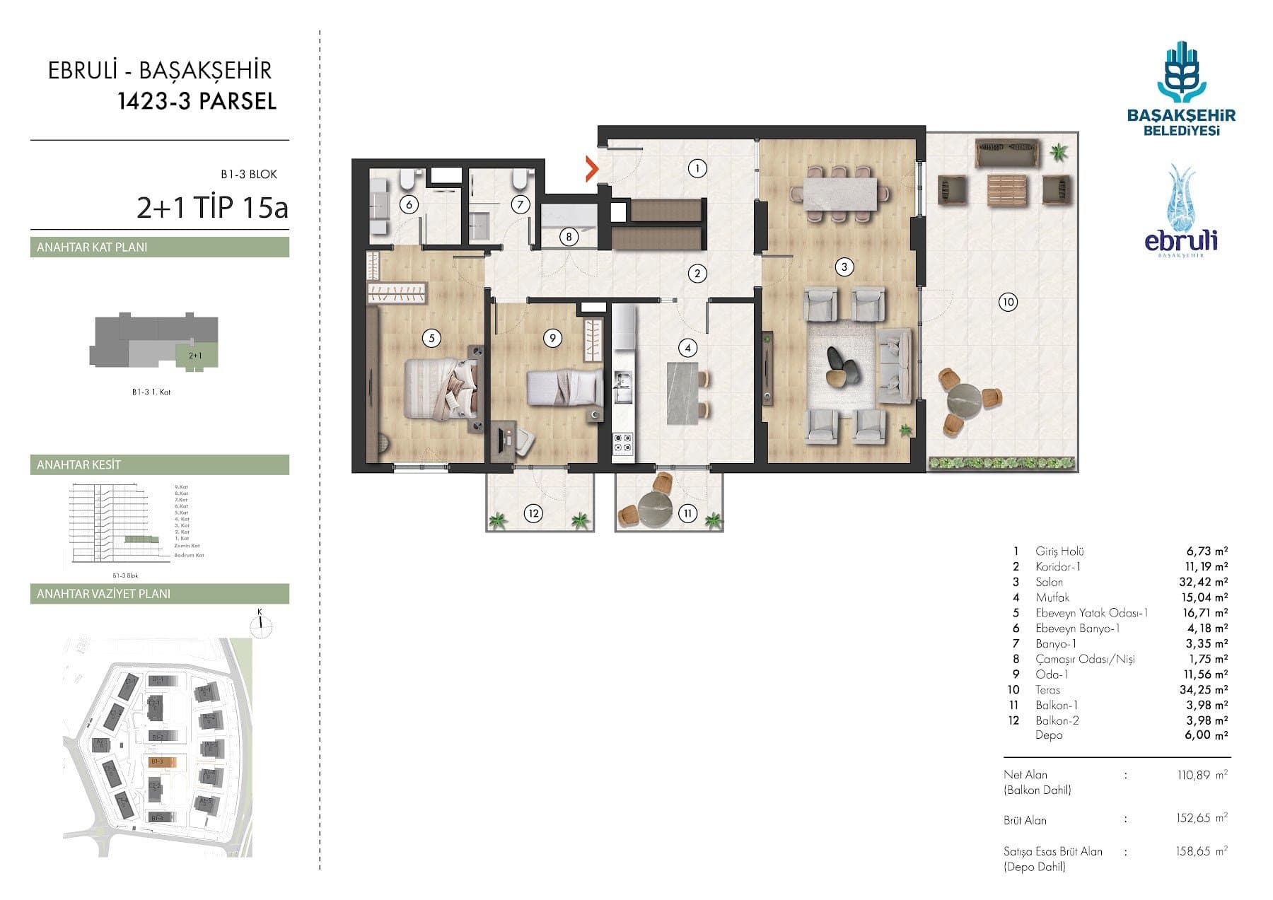 Ebruli Basaksehir Project – 2+1 Type 15A (B1-3 block, with terrace) floor plan
