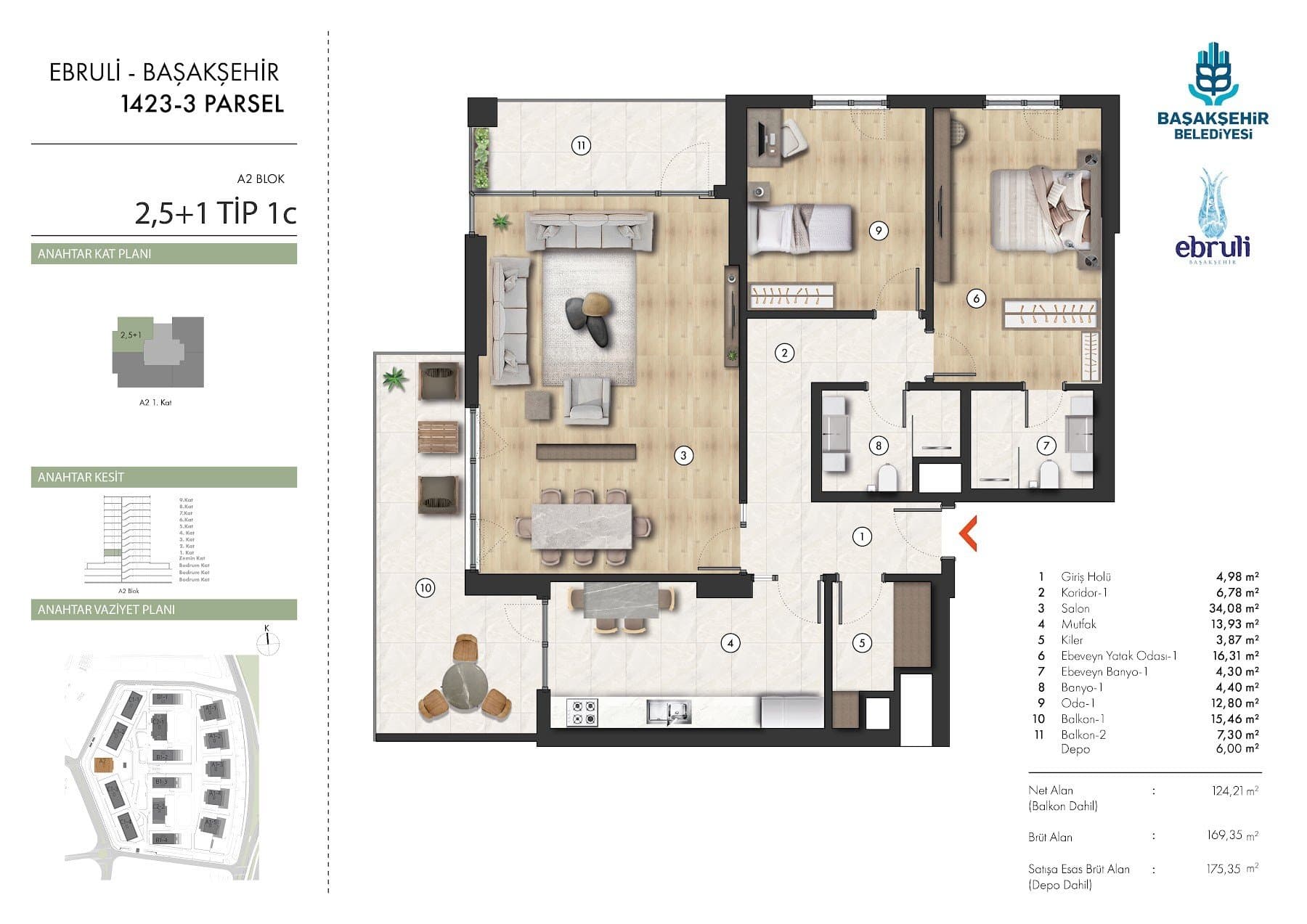 Ebruli Basaksehir Project – 2.5+1 Type 1C (A2 block) floor plan
