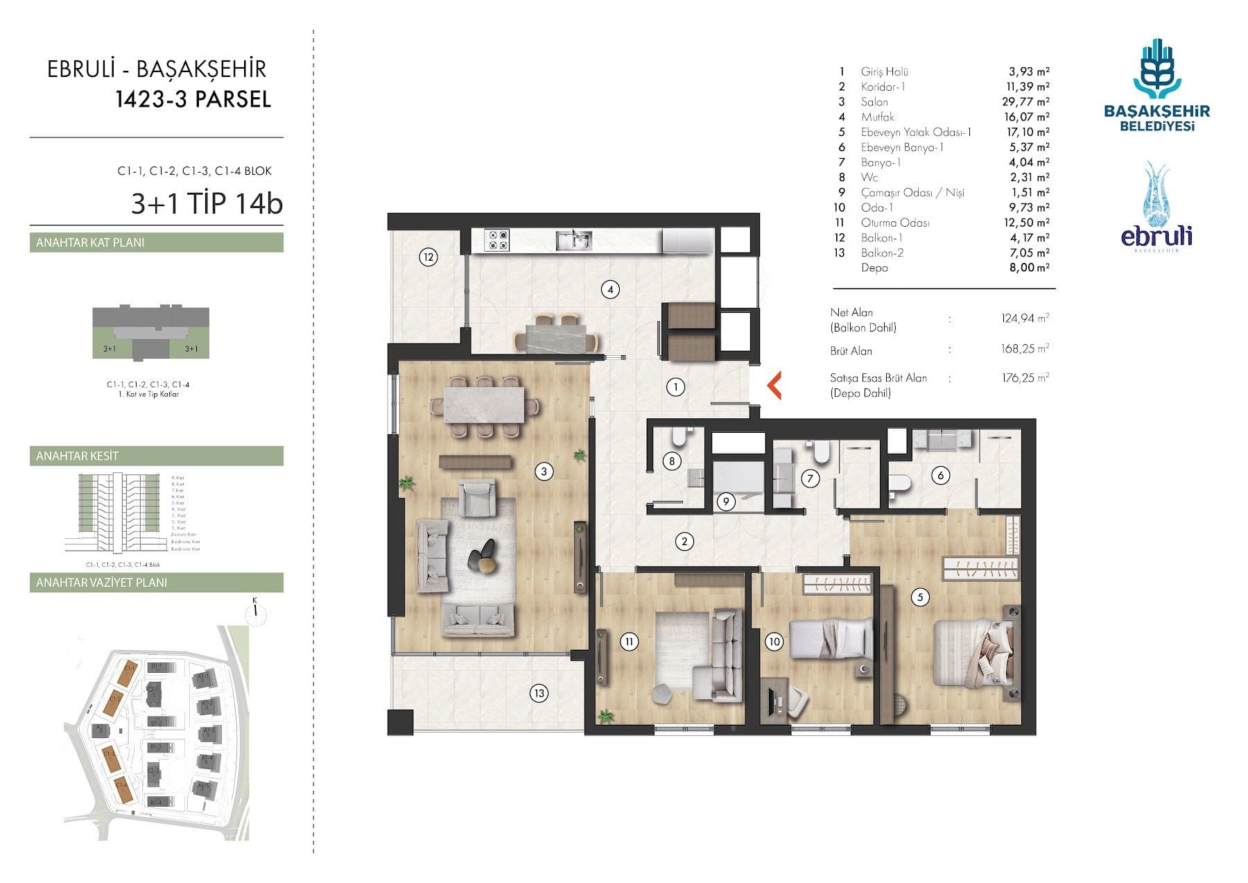 Ebruli Basaksehir Project – 3+1 Type 14B (C1 blocks, upper floors) floor plan