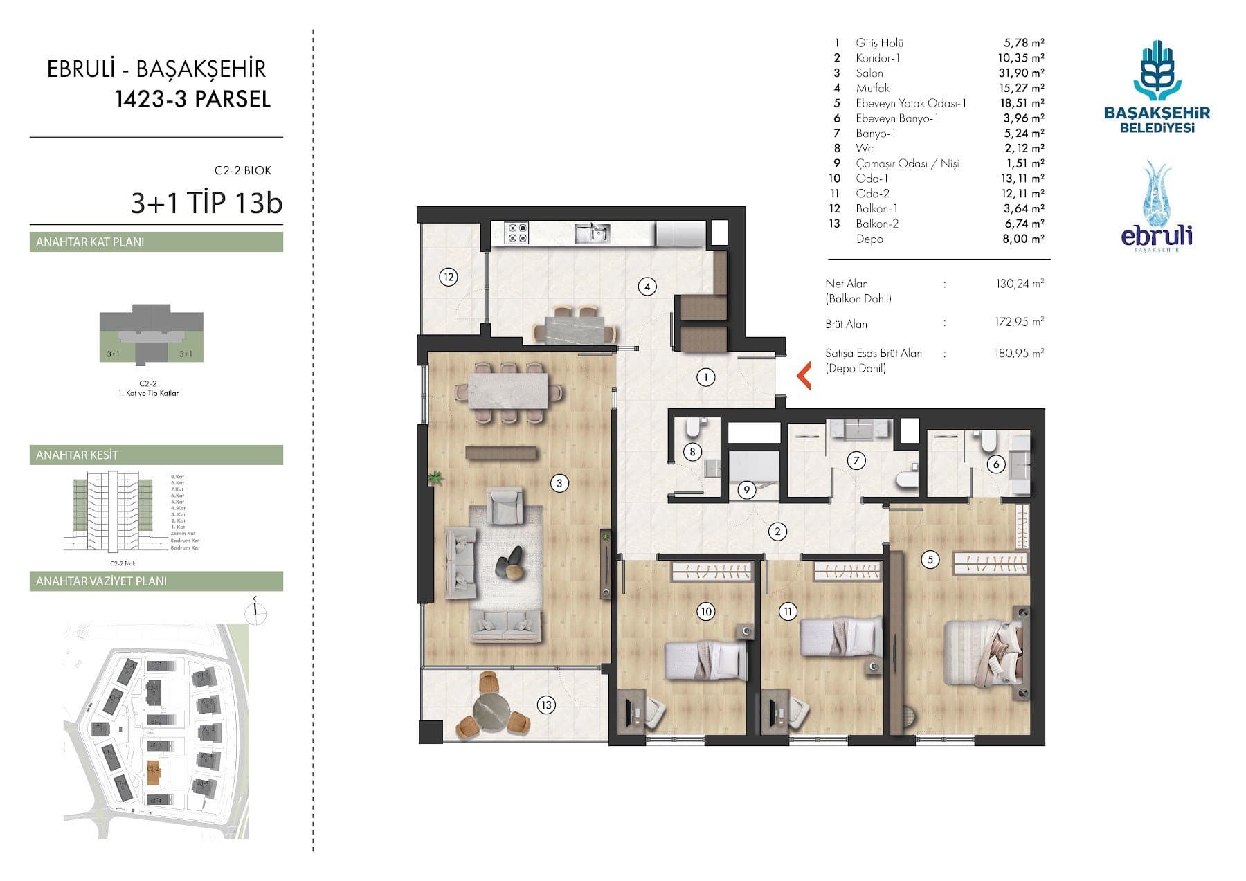 Ebruli Basaksehir Project – 3+1 Type 13B (C2-2 block, upper floors) floor plan