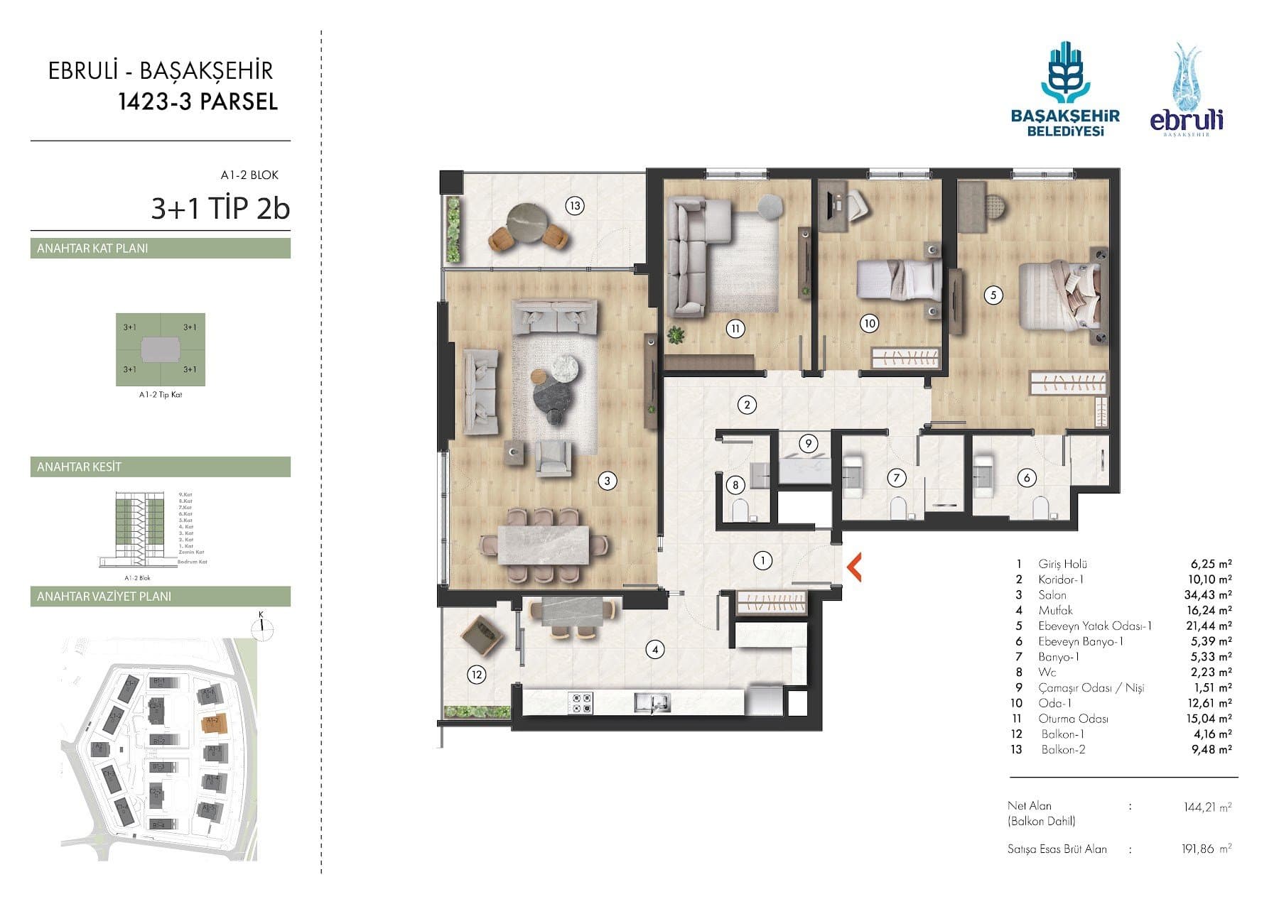 Ebruli Basaksehir Project – 3+1 Type 2B (A1-2 block, upper floors) floor plan