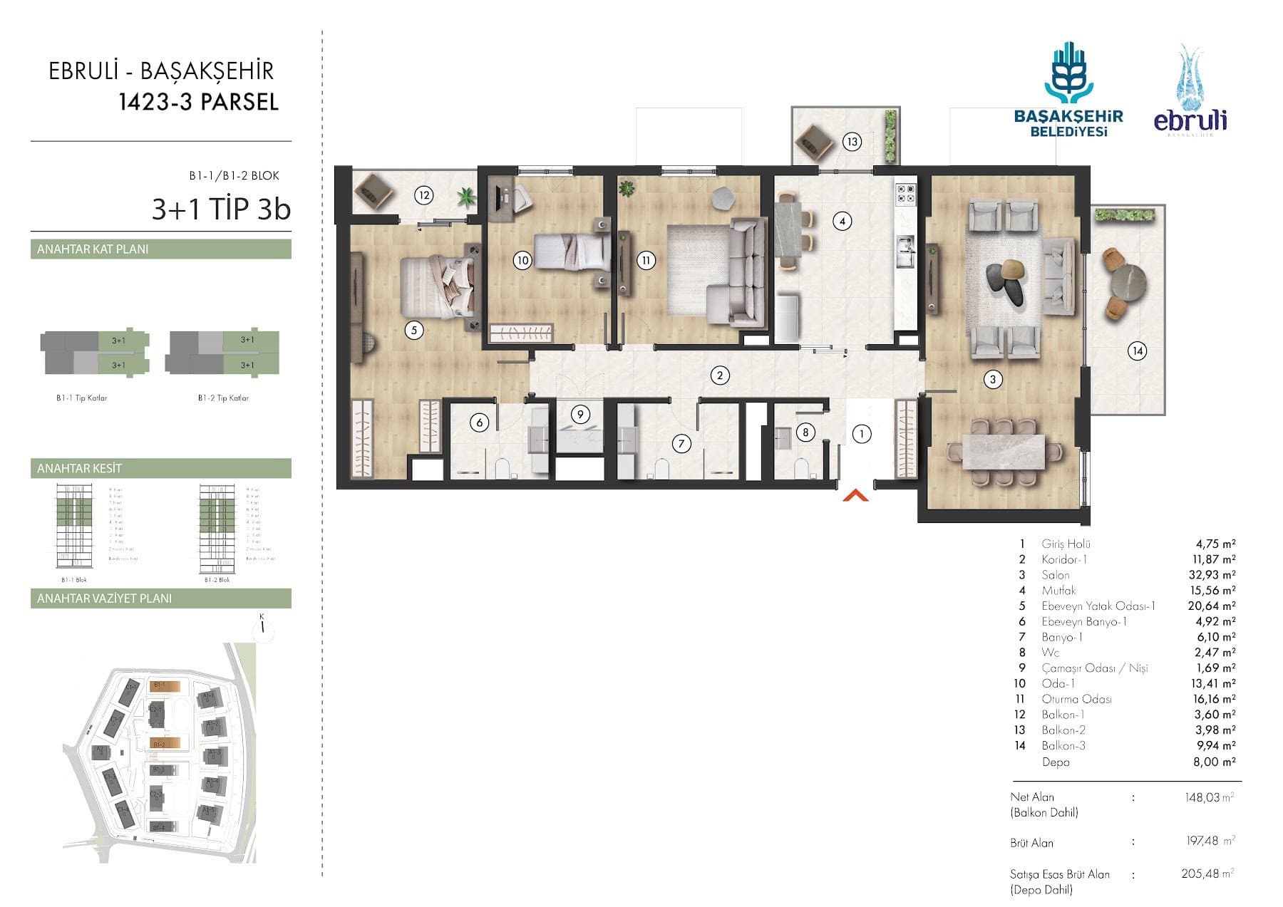 Ebruli Basaksehir Project – 3+1 Type 3B (B1-1 and B1-2 blocks) floor plan