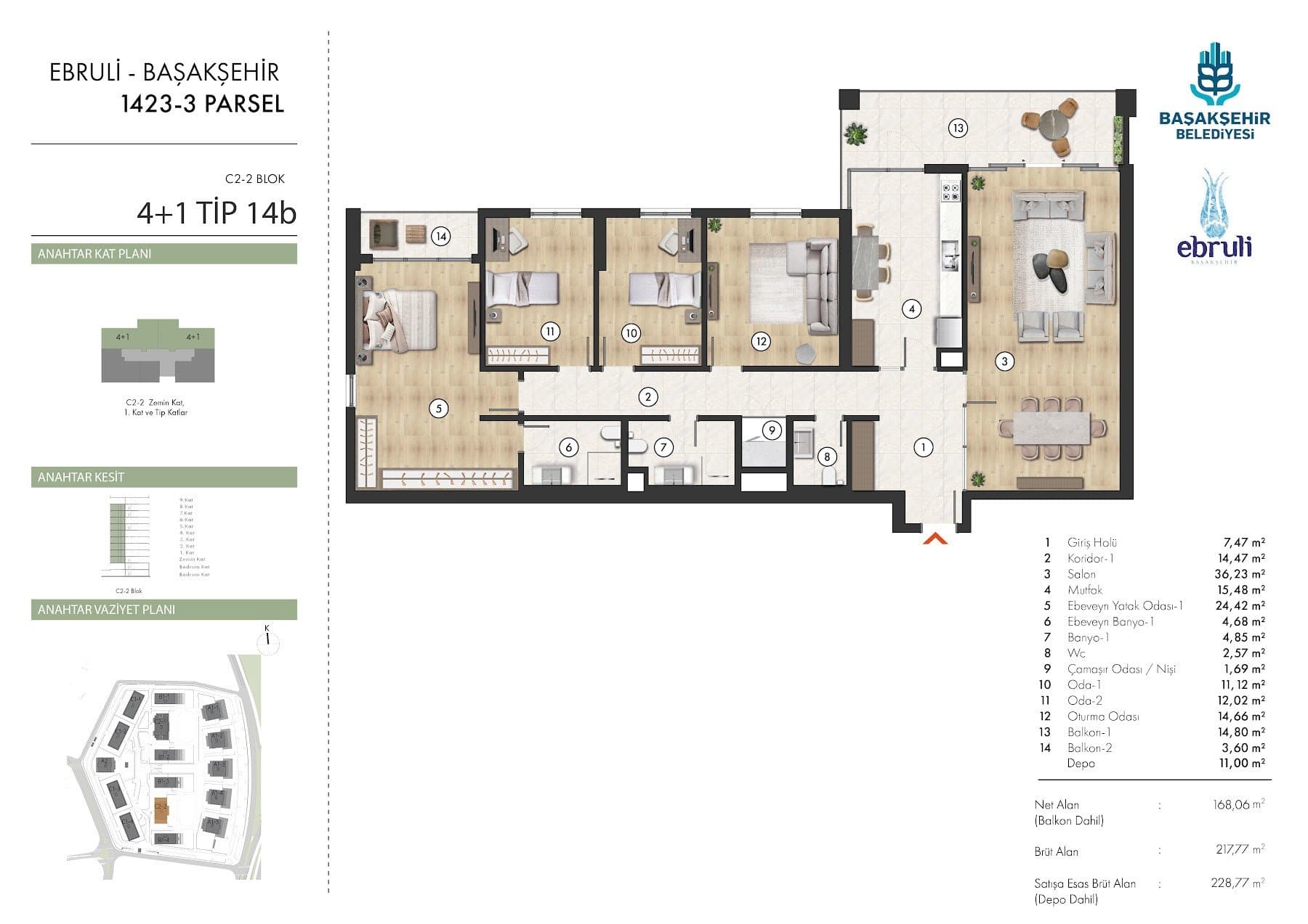 Ebruli Basaksehir Project – 4+1 Type 14B (C2-2 block, upper floors) floor plan