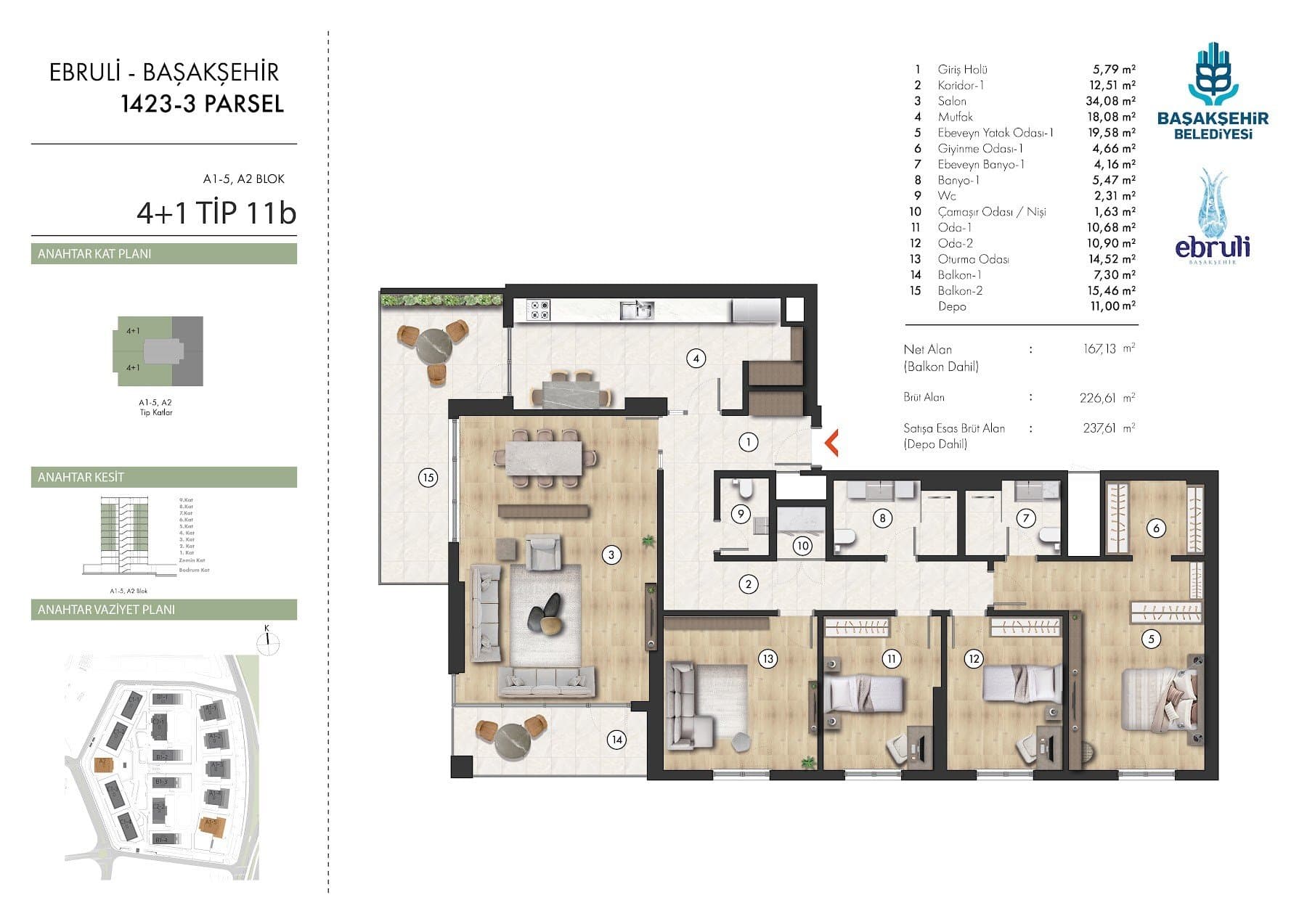 Ebruli Basaksehir Project – 4+1 Type 11B (A1-5 and A2 blocks) floor plan