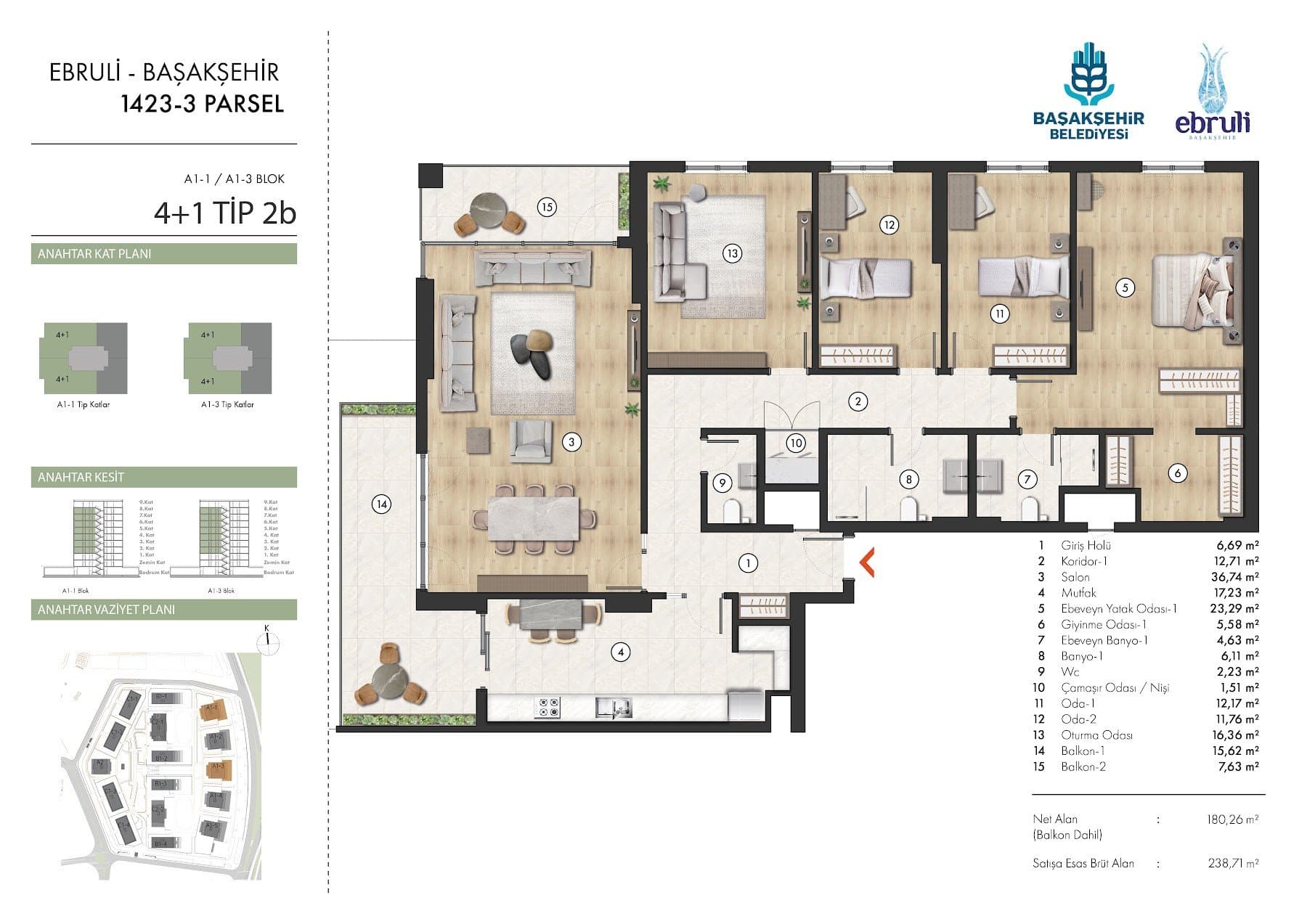 Ebruli Basaksehir Project – 4+1 Type 2B (A1-1 and A1-3 blocks) floor plan