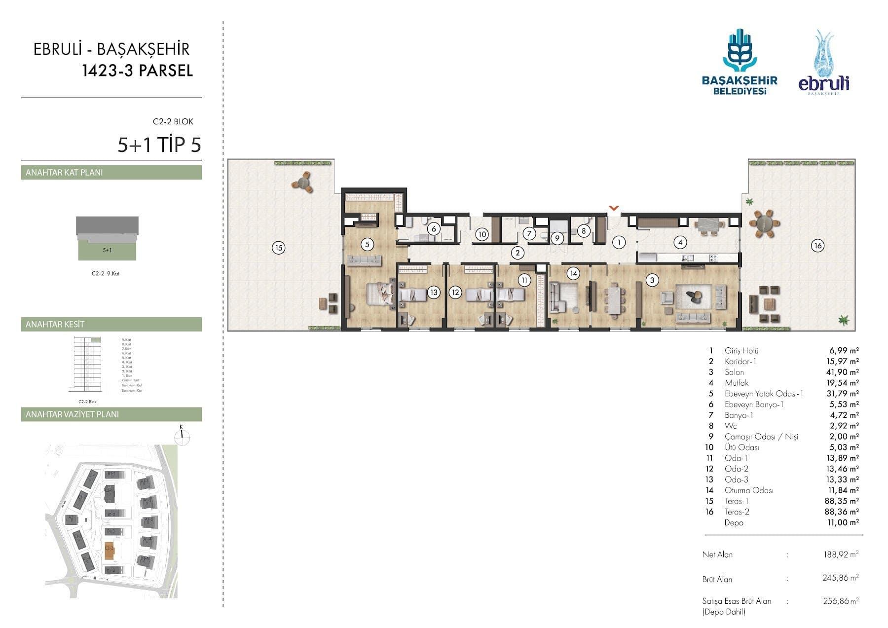 Ebruli Basaksehir Project – 5+1 Type 5 (C2-2 block, 9th floor with terraces) floor plan