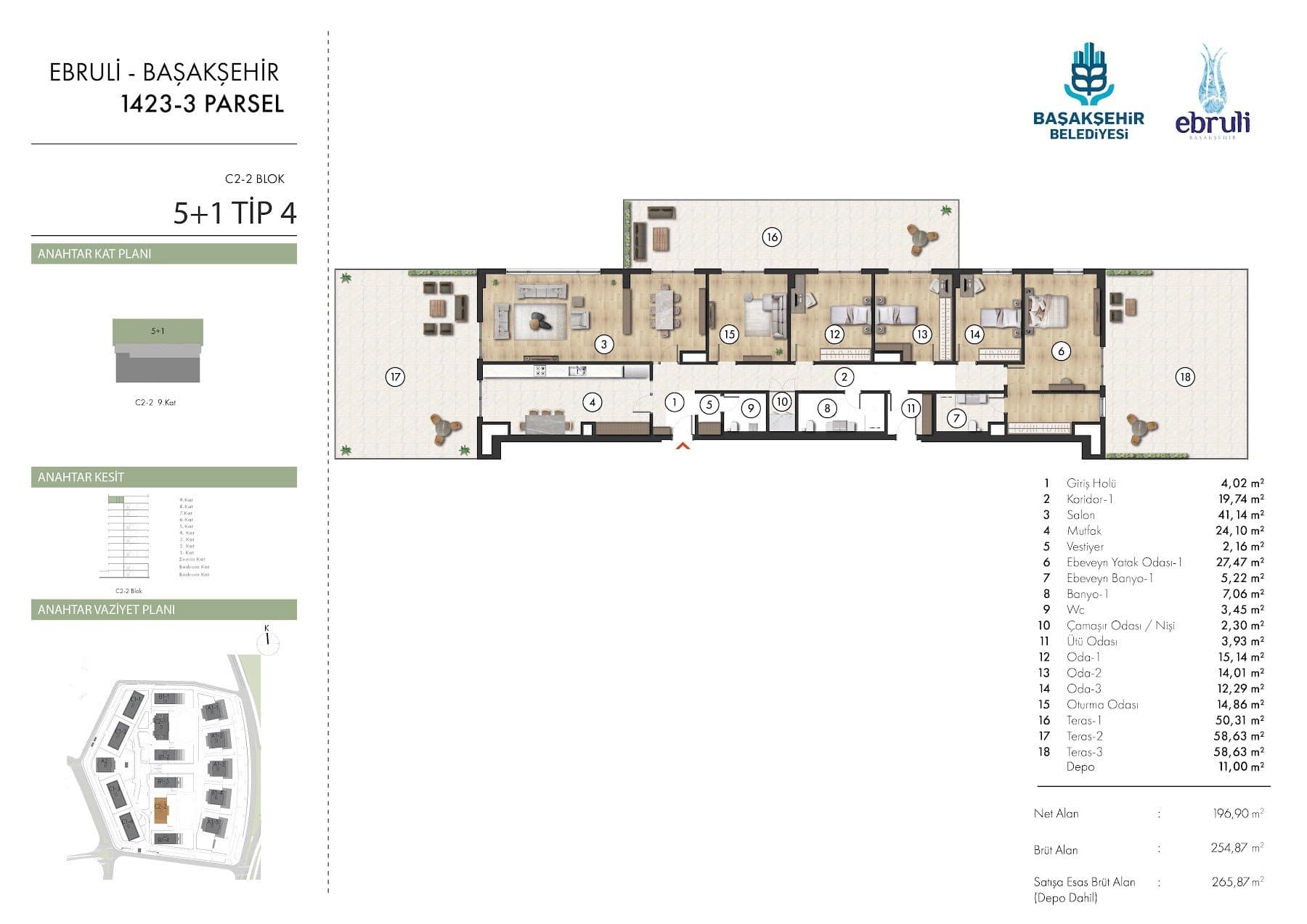 Ebruli Basaksehir Project – 5+1 Type 4 (C2-2 block, 9th floor with terraces) floor plan