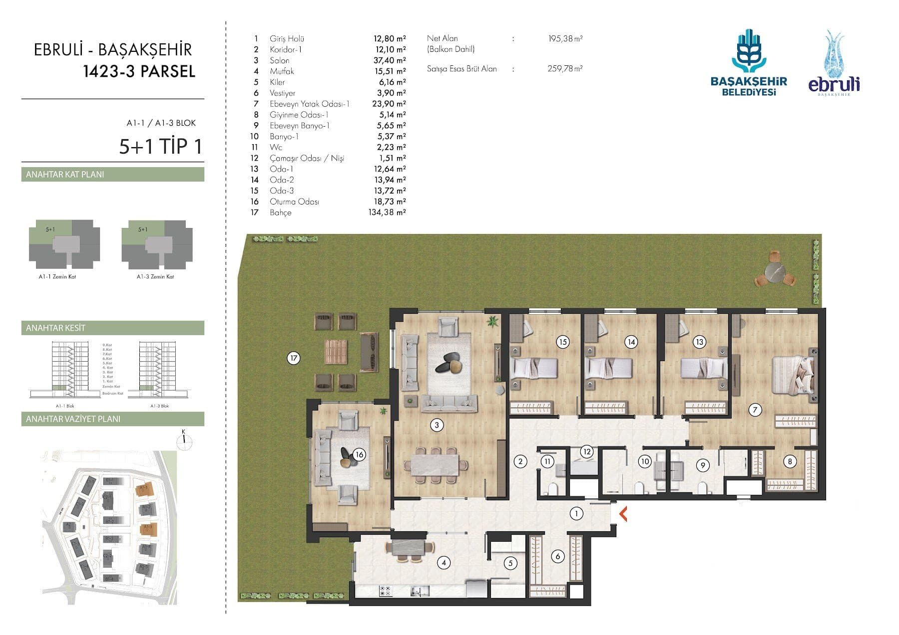 Ebruli Basaksehir Project – 5+1 Type 1 (A1-1 and A1-3 blocks, ground floor with garden) floor plan