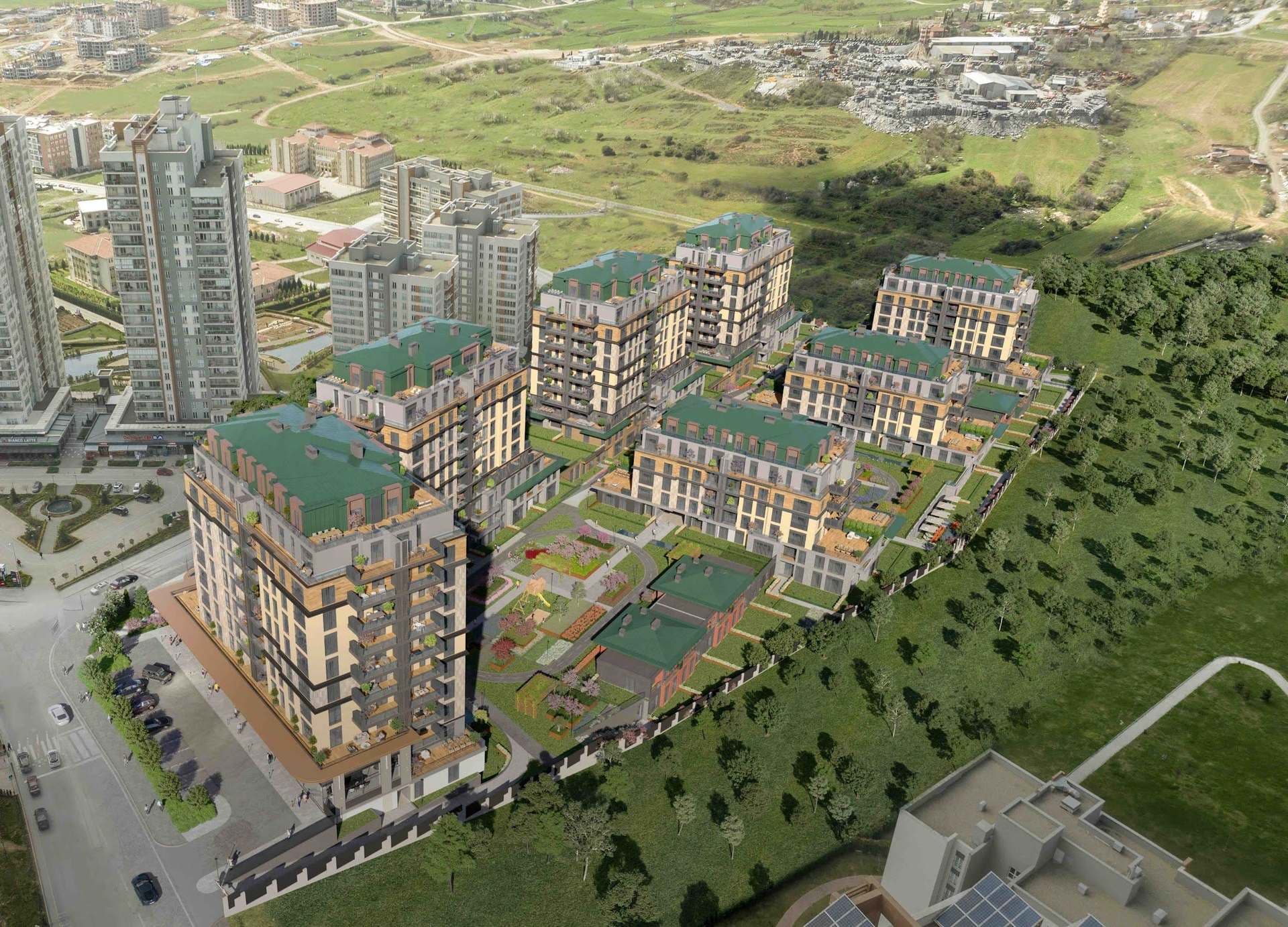 Daytime aerial rendering of the blocks along the slope, with the central garden, a children's playground and two low garden buildings beside open green land