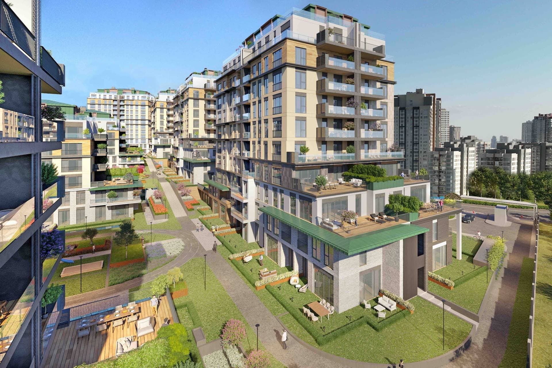 Rendering of a landscaped path between the blocks, lined with garden-floor terraces and roof terraces