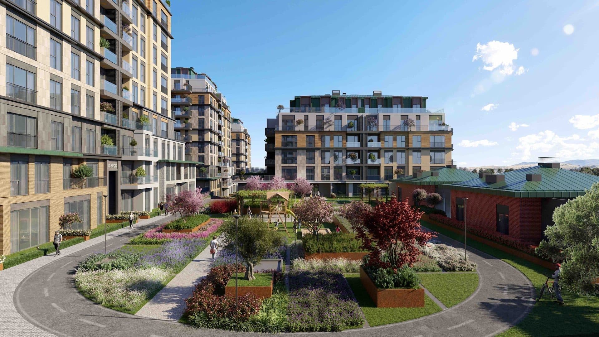 Rendering of the central garden with planted beds, trees and a looping path between the blocks