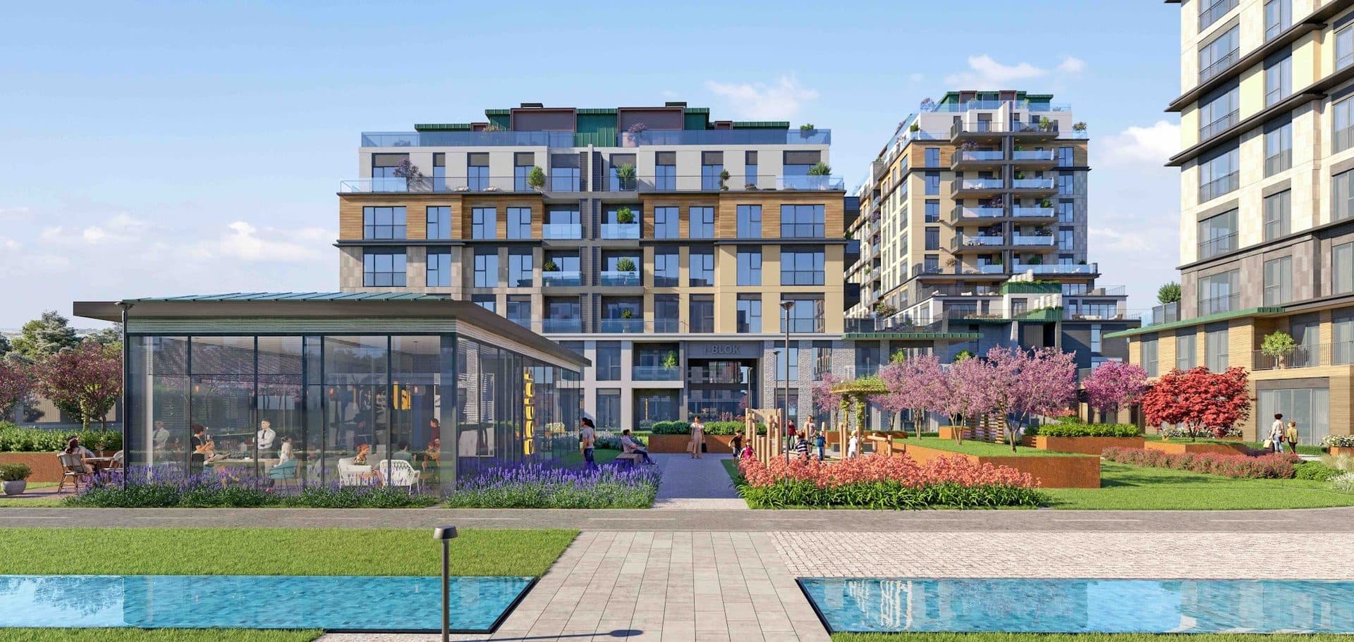 Rendering of a glass-walled garden pavilion with two pools in front and residential blocks behind