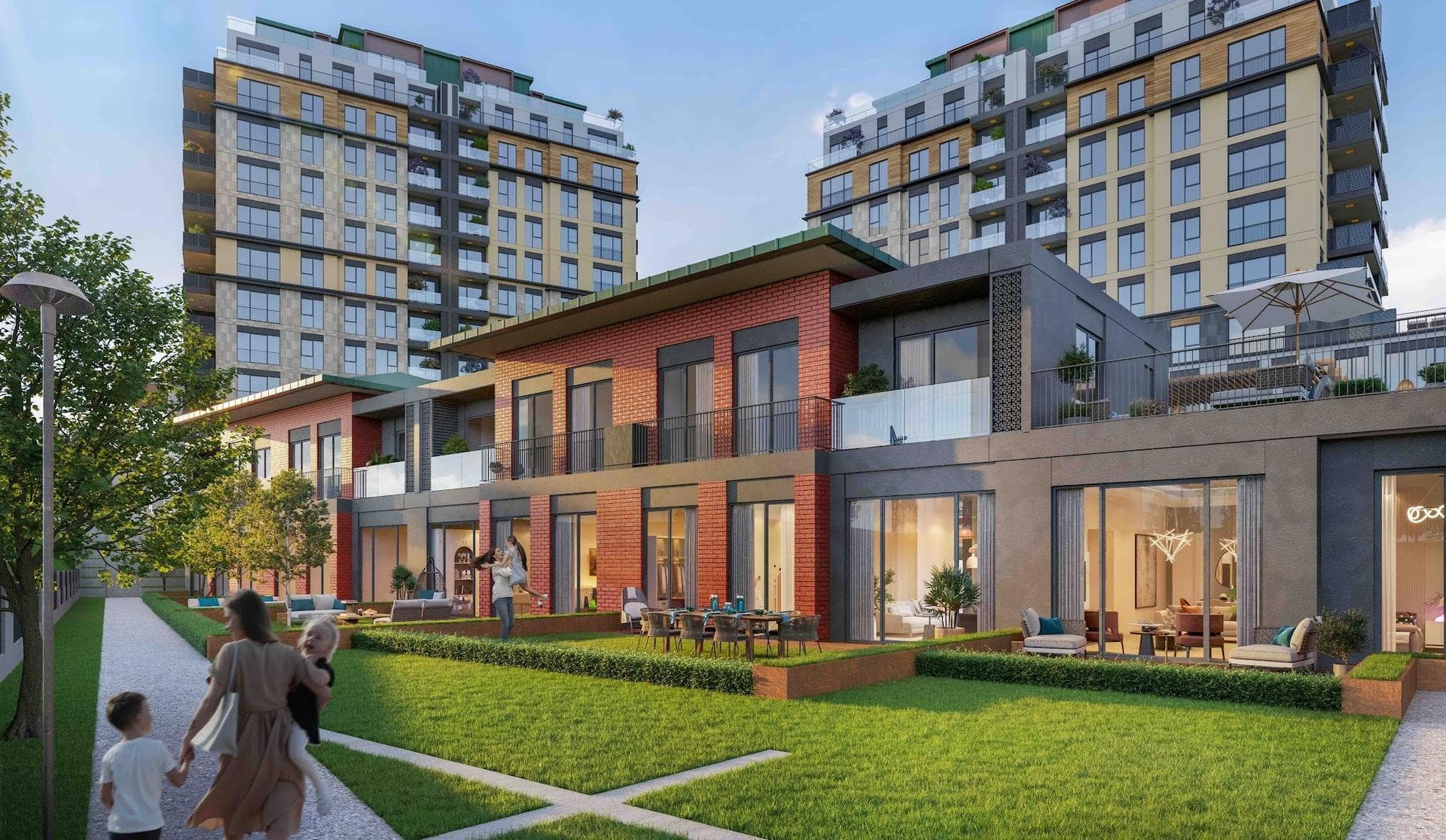 Rendering of a two-story brick-clad garden building facing a lawn, with taller blocks behind