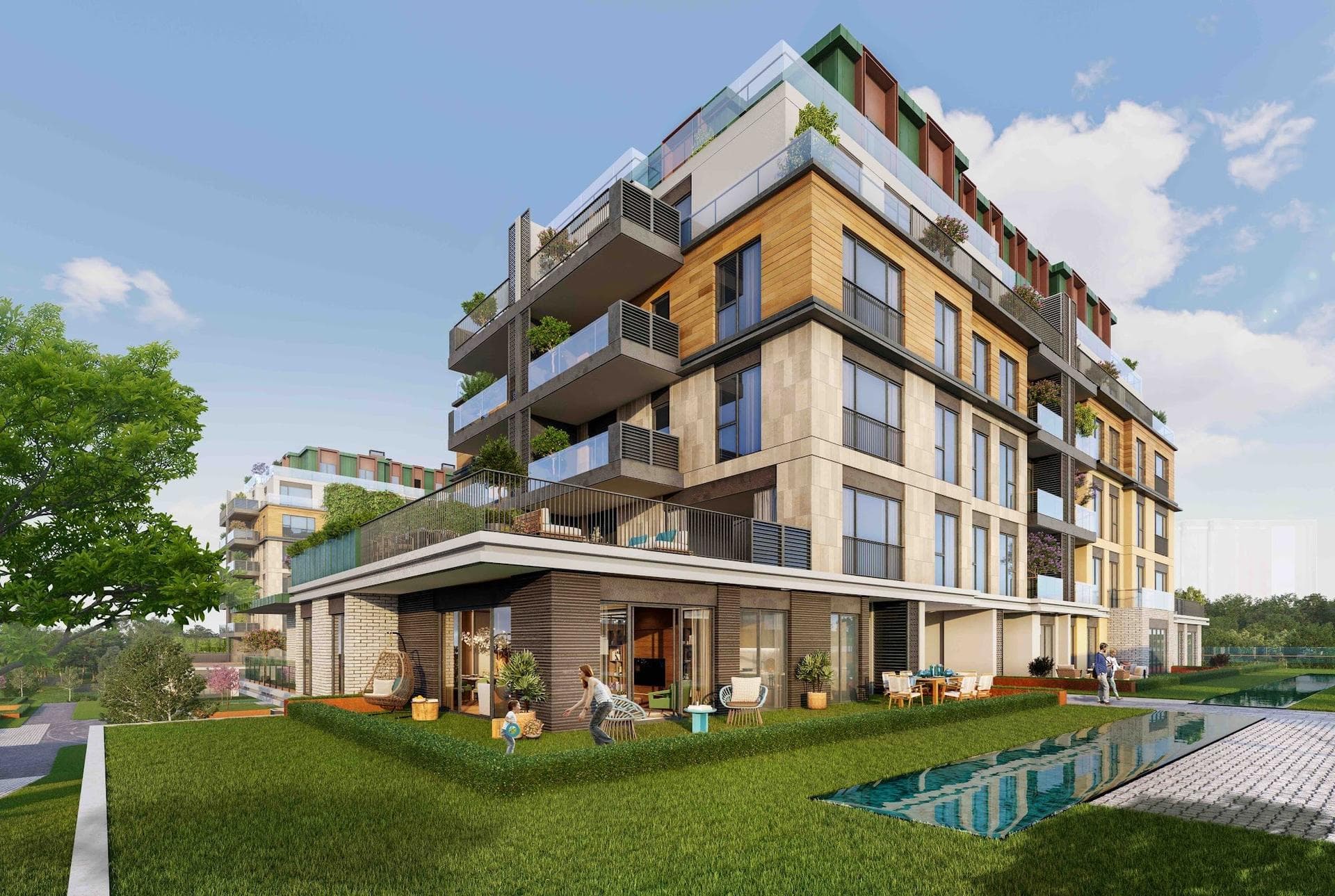 Rendering of a block with a garden-floor terrace opening onto a lawn beside a long pool
