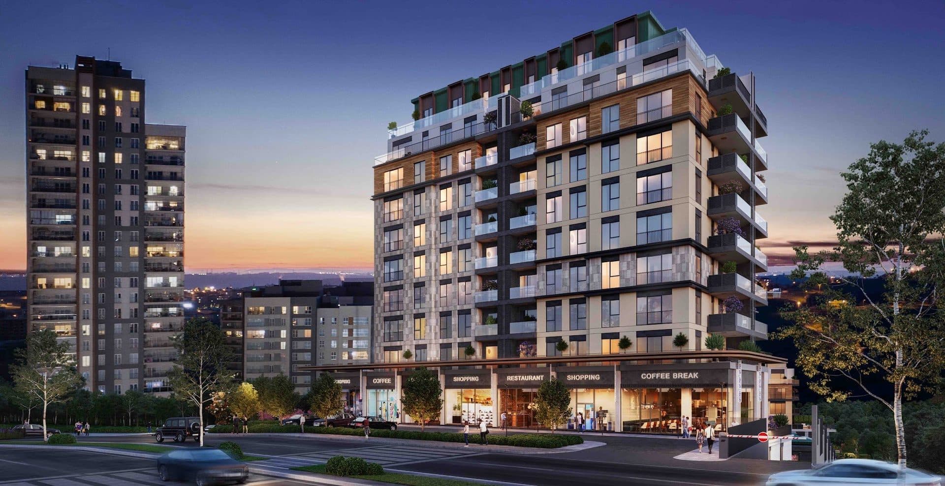 Evening rendering of the corner block seen from the street, with shops on the ground floor