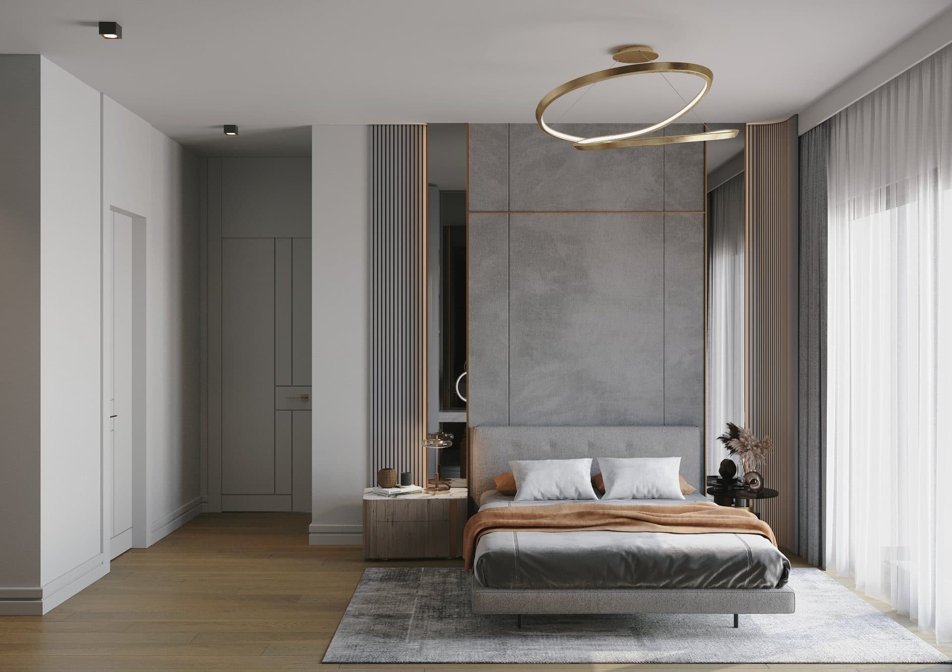 Rendering of the master bedroom in the sample apartment, with a double bed, a ring pendant light and full-height curtains