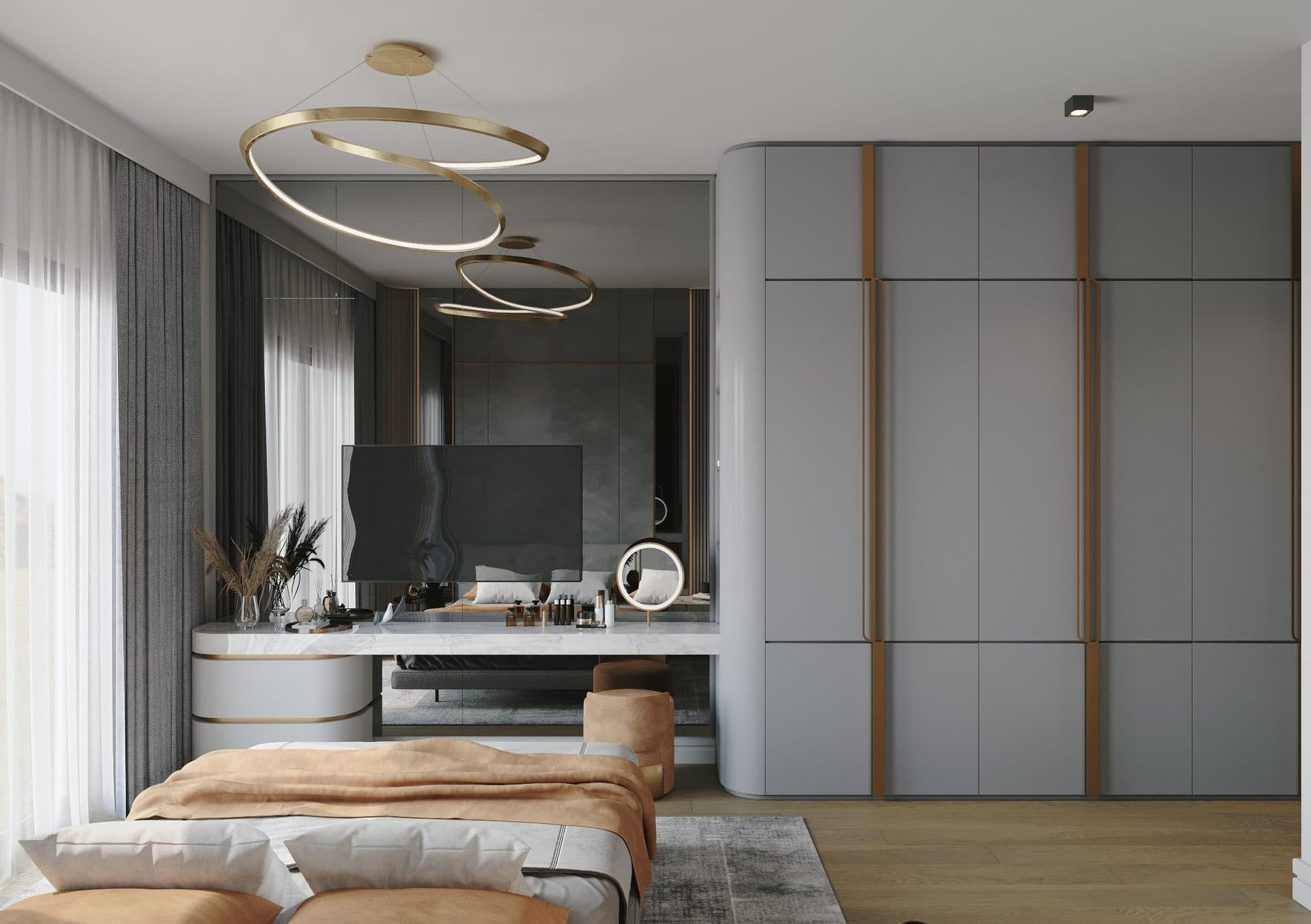 Rendering of the master bedroom with a dressing table, a wall-mounted TV and fitted wardrobes