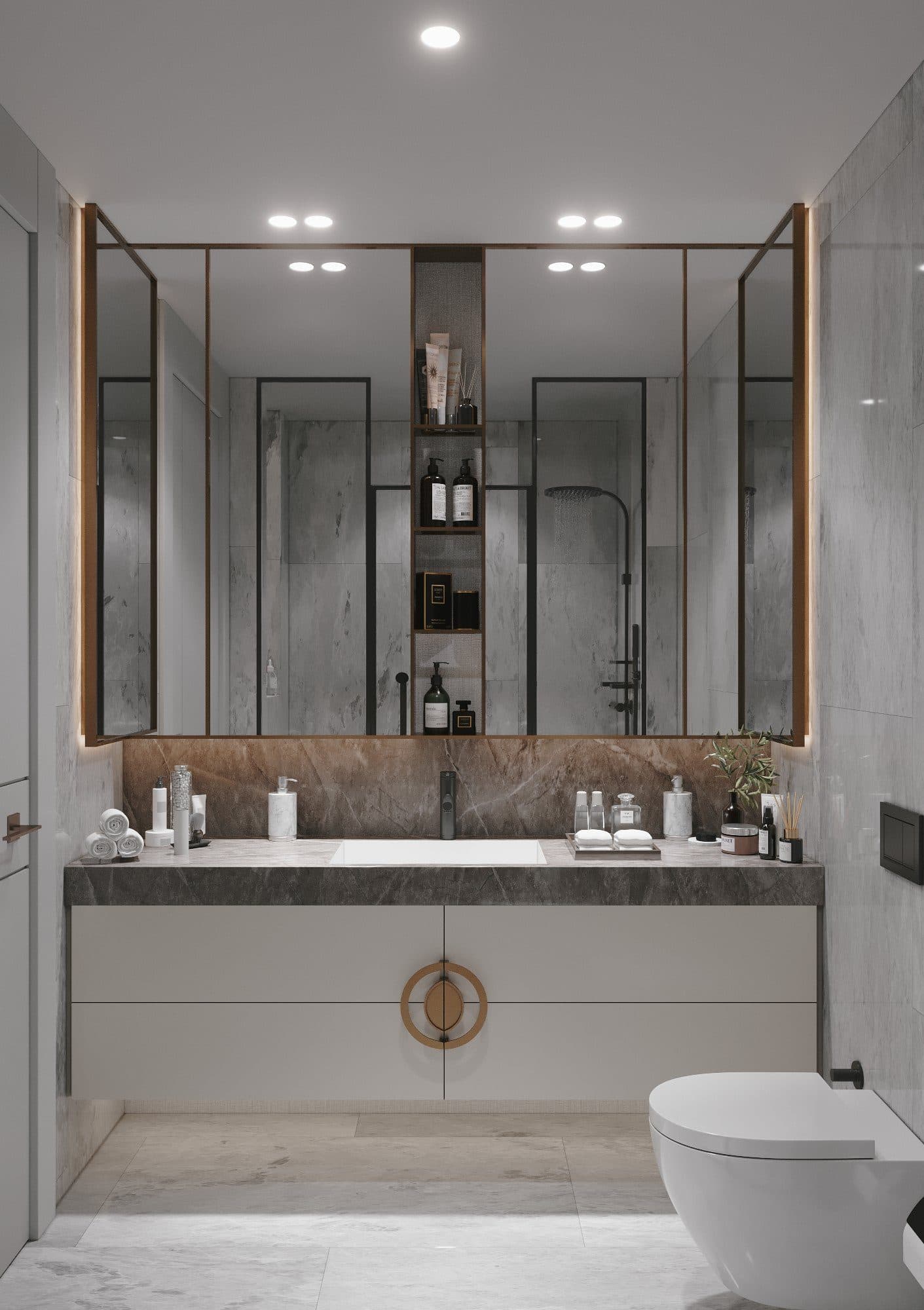 Rendering of the en-suite bathroom with a marble-look vanity, a lit mirror cabinet and a wall-hung toilet