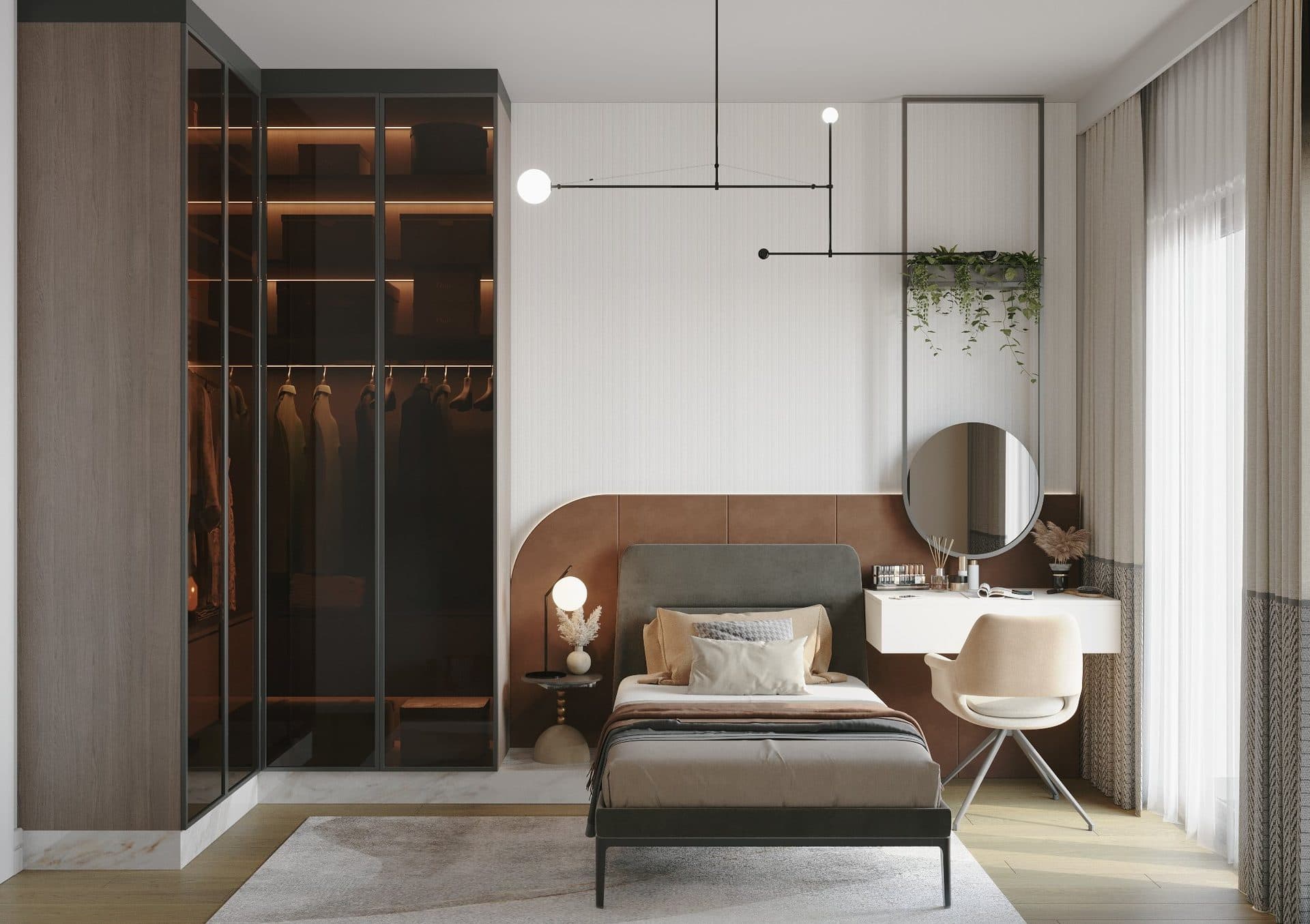 Rendering of a teenager's bedroom with a glass-fronted wardrobe, a single bed and a dressing table