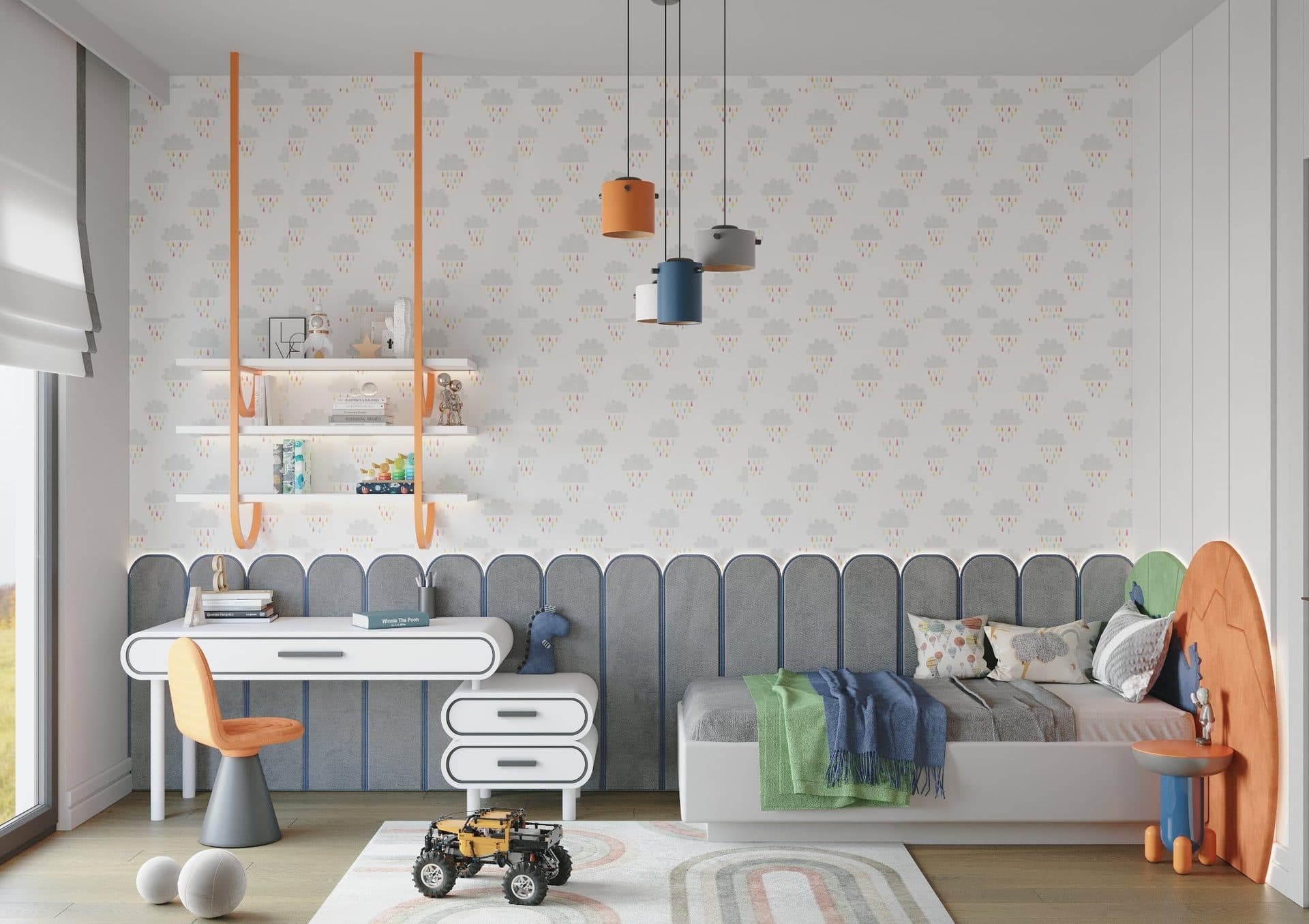 Rendering of a child's bedroom with a desk, wall shelves and a padded headboard wall