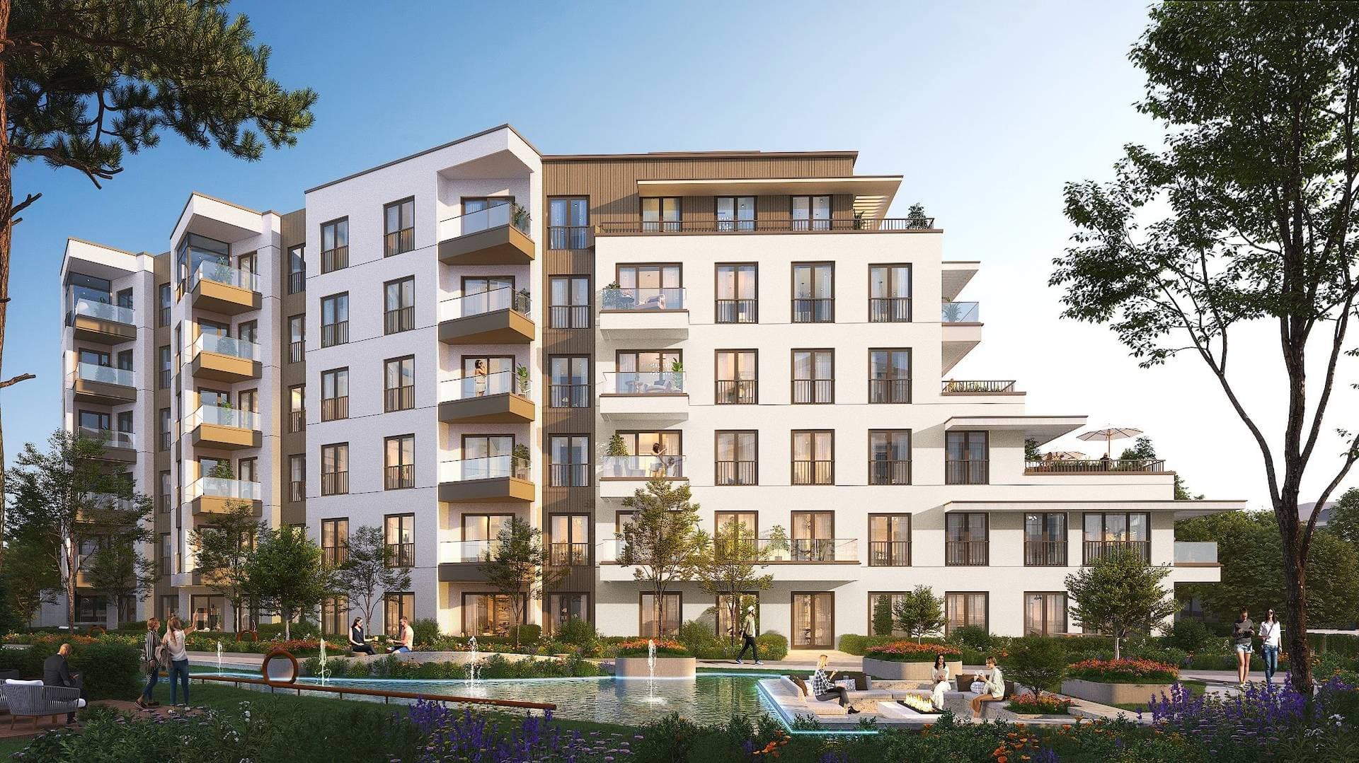 Rendered view of a white residential block with stepped terraces behind a courtyard pond with fountains, lawn and seating