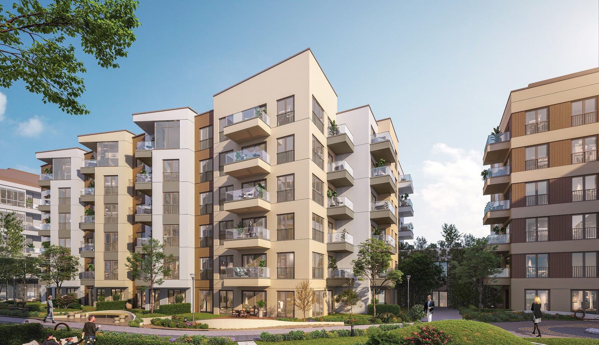 Rendered view of cream and brown residential blocks with balconies along a landscaped walkway on a sunny day